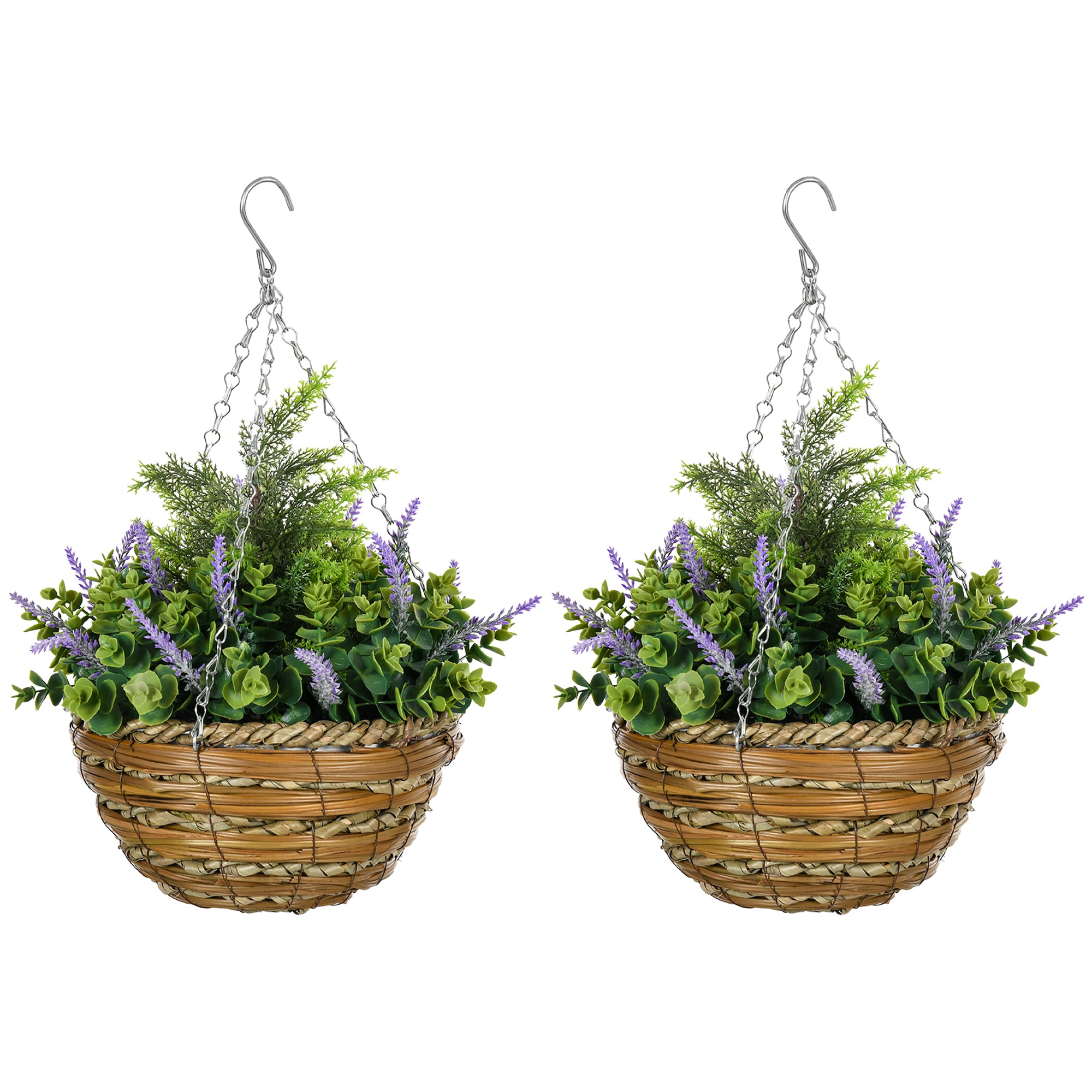 Outsunny 2 PCs Artificial Lisianthus Flower Hanging Planter with Basket for Indoor Outdoor Decoration, Purple