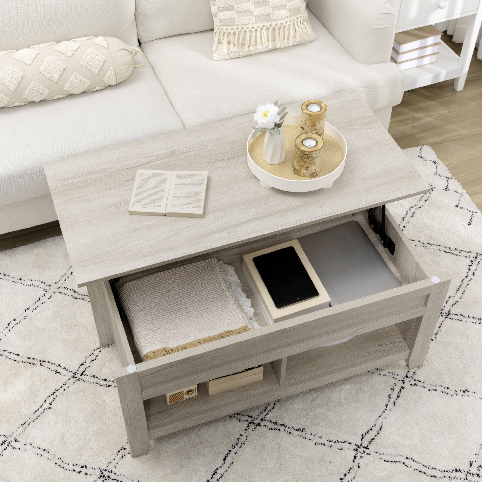 HOMCOM Lift Top Coffee Table w/ Hidden Storage Compartment Open Shelves Lift Tabletop Pop Up Centre Table for Living Room Oak Effect