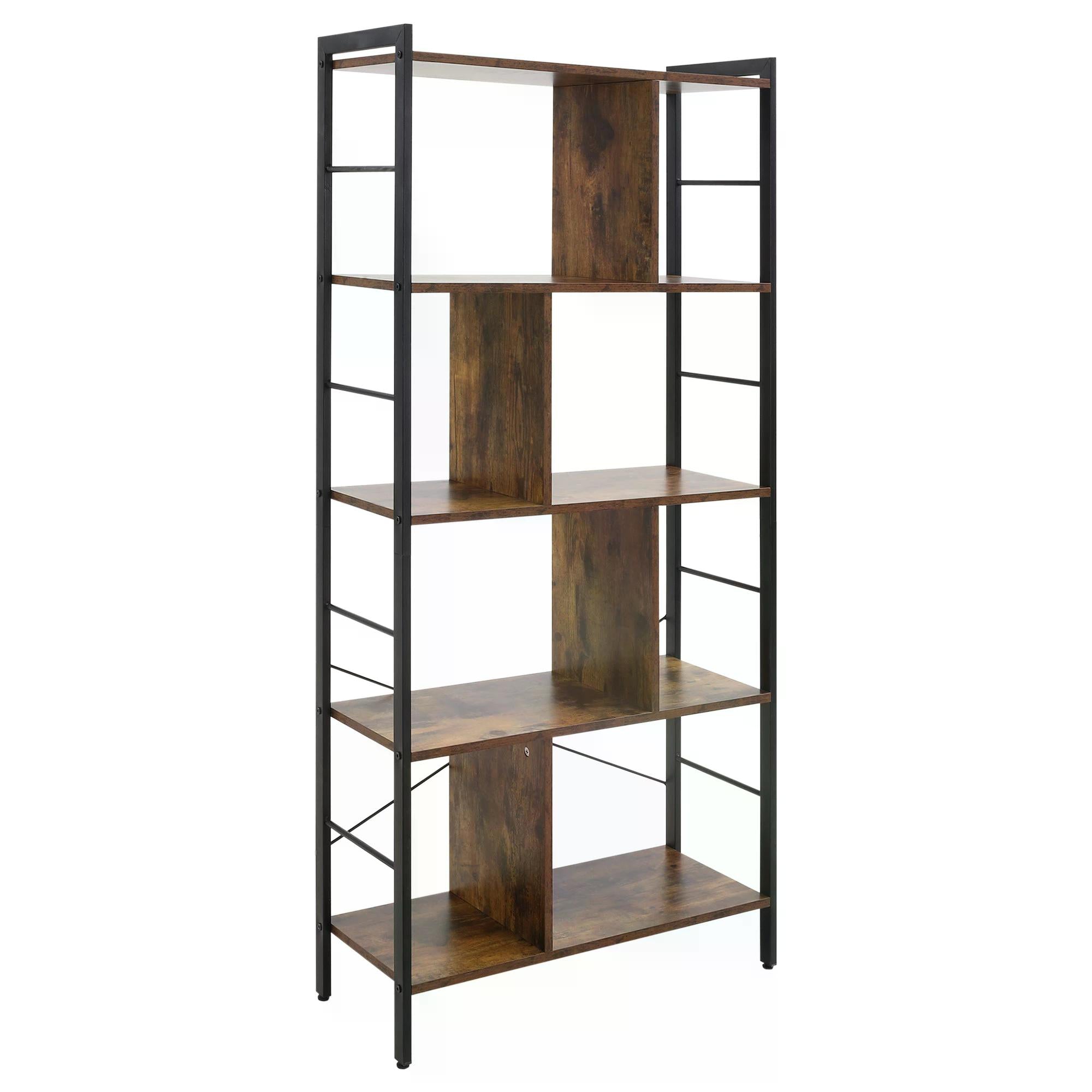 HOMCOM Industrial Storage Shelf Bookcase Closet Floor Standing Display Rack with 5 Tiers, Metal Frame for Living Room & Study, Rustic Brown