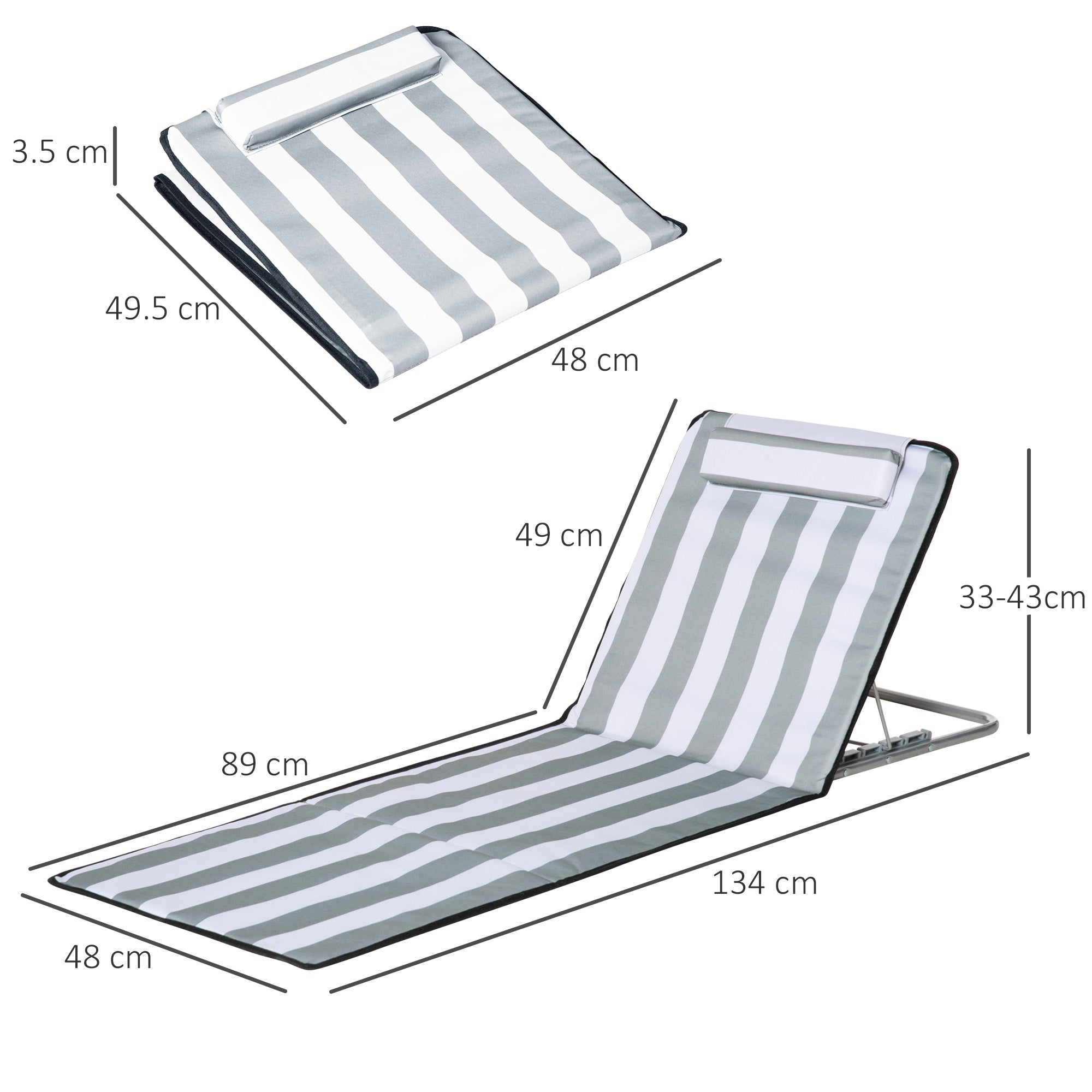 Outsunny Set of 2 Foldable Garden Beach Chair Mat Lightweight Outdoor Sun Lounger Seats Adjustable Back Metal Frame PE Fabric Head Pillow w/ Carry Bag, Light Grey - North Peak Garden Furniture