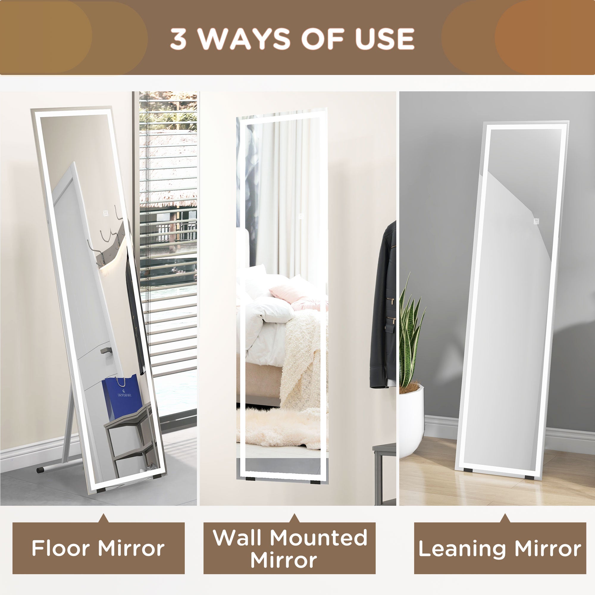 HOMCOM Standing Dressing Mirror with LED Lights, Wall Dressing Mirror for Bedroom with Dimmable and 3 Colour Lighting, White - North Peak Garden Furniture