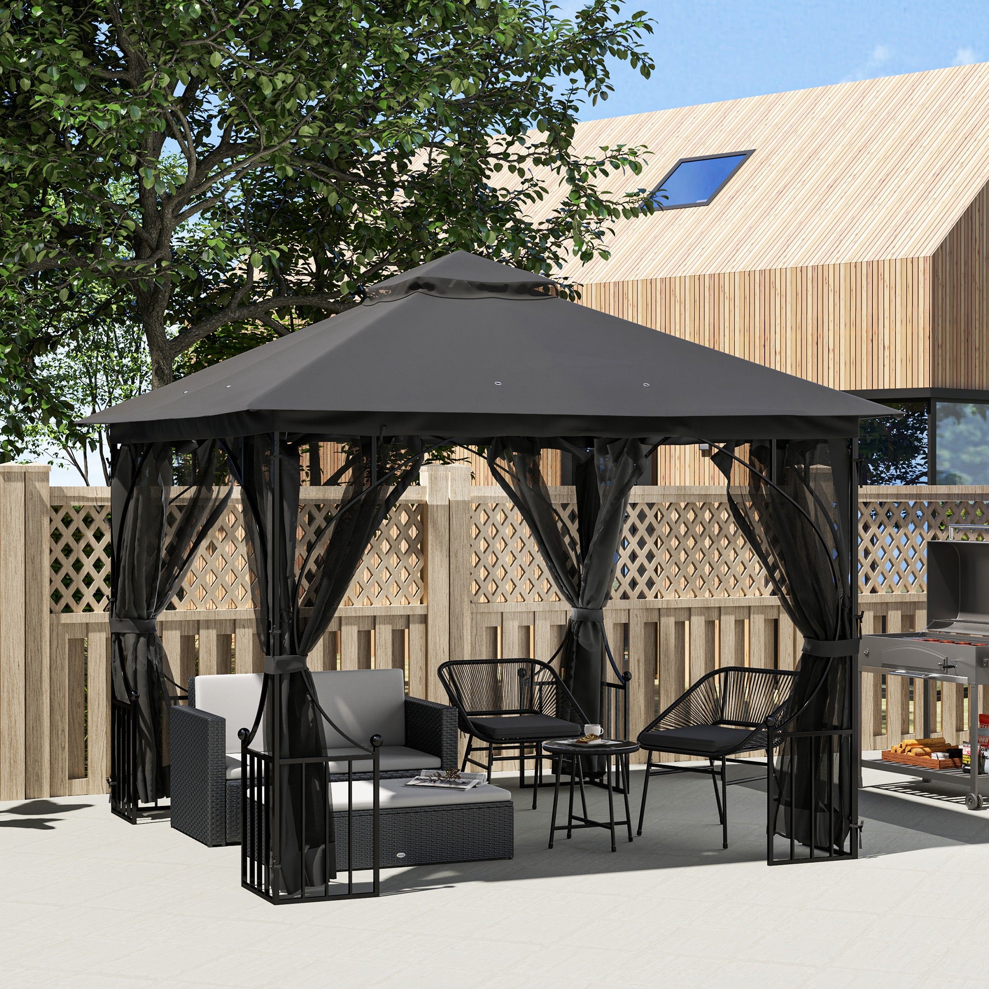 Outsunny 3 x 3(m) Garden Gazebo Patio Party Tent Shelter Outdoor Canopy Double Tier Sun Shade Metal Frame Netting, Dark Grey - North Peak Garden Furniture