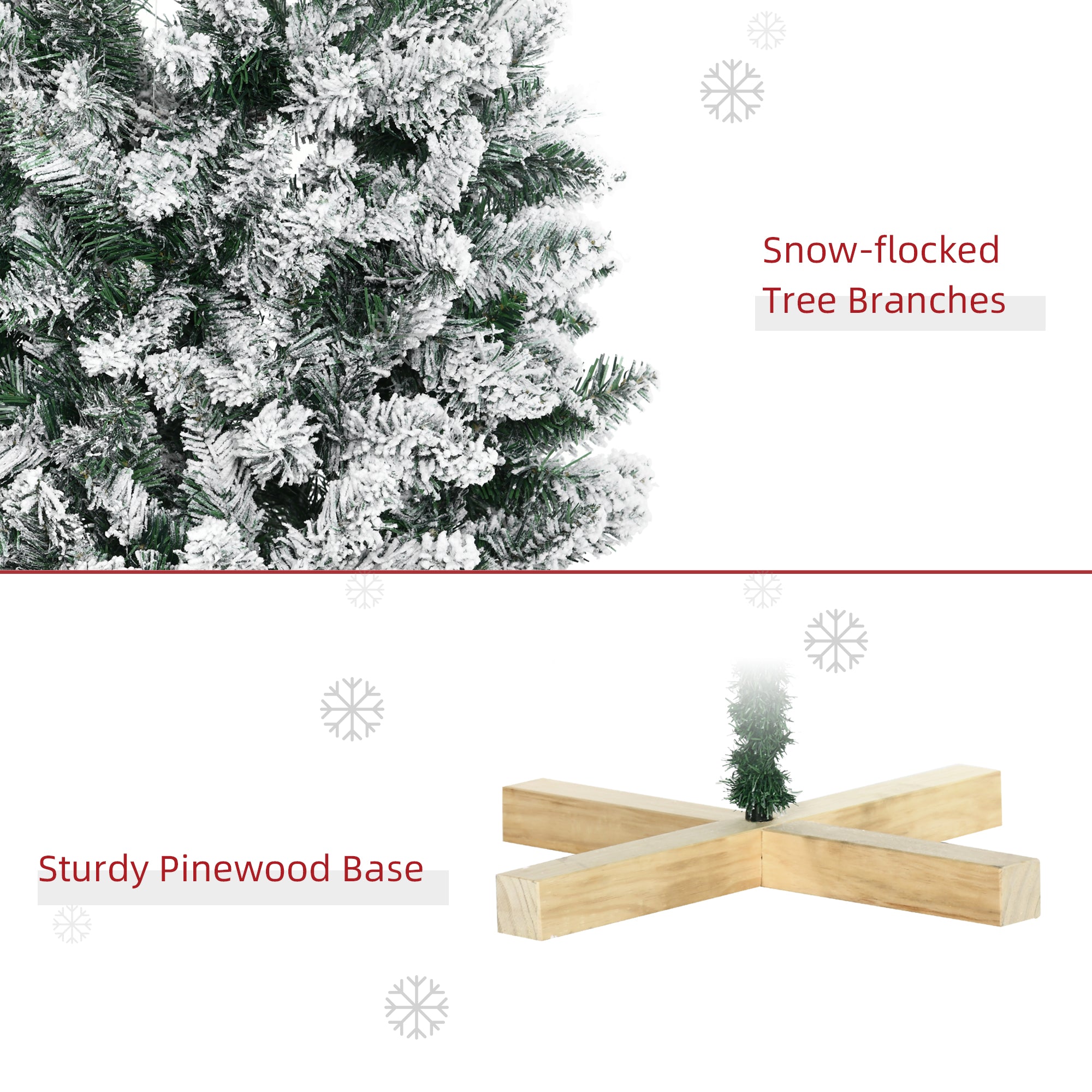 HOMCOM 6 Ft Snow Flocked Artificial Christmas Tree, Xmas Pencil Tree with Realistic Branches, Auto Open, Pinewood Base, Green - North Peak Garden Furniture