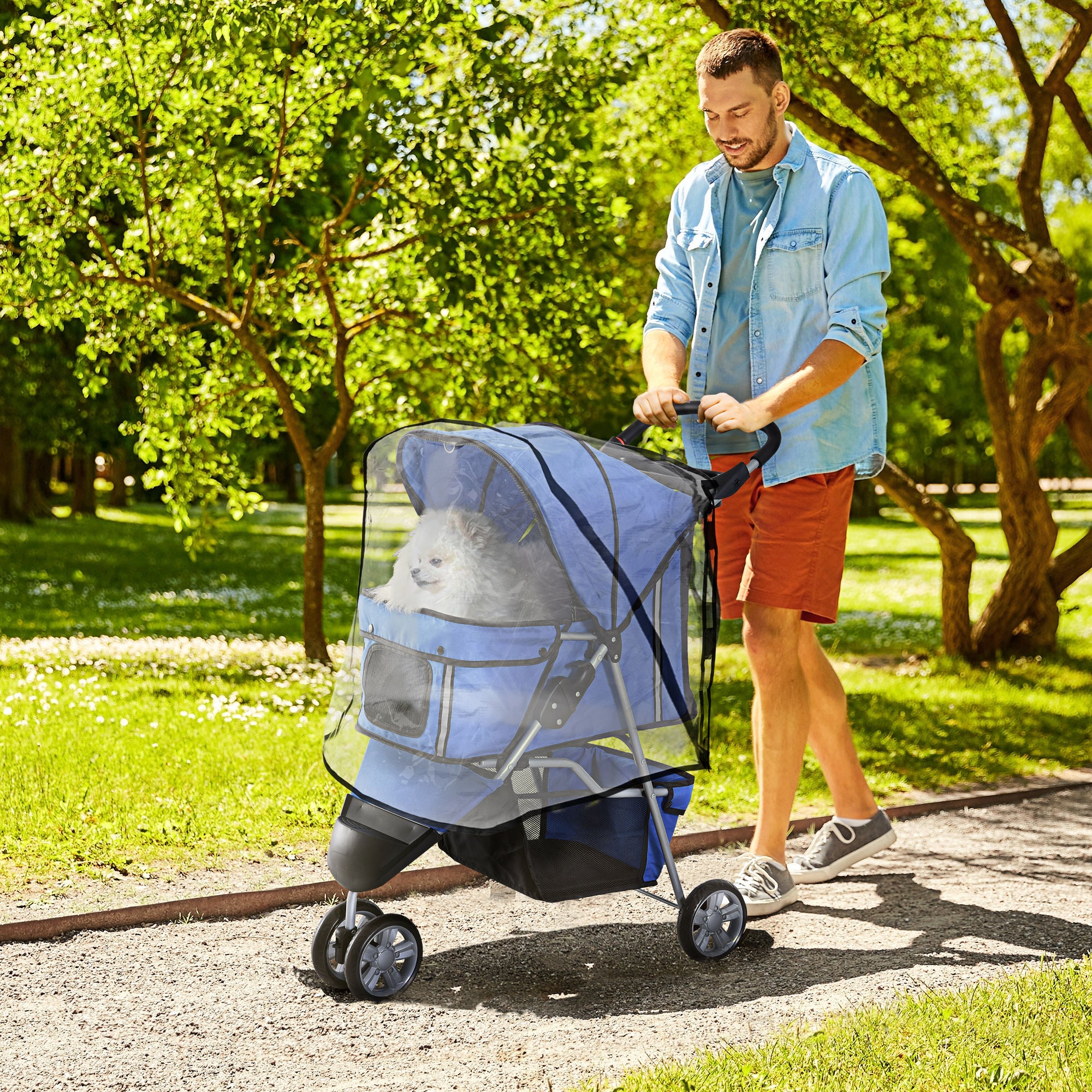 PawHut Dog Stroller with Cover for Small Miniature Dogs, Folding Cat Pram Dog Pushchair with Cup Holder, Storage Basket, Reflective Strips, Blue - North Peak Garden Furniture
