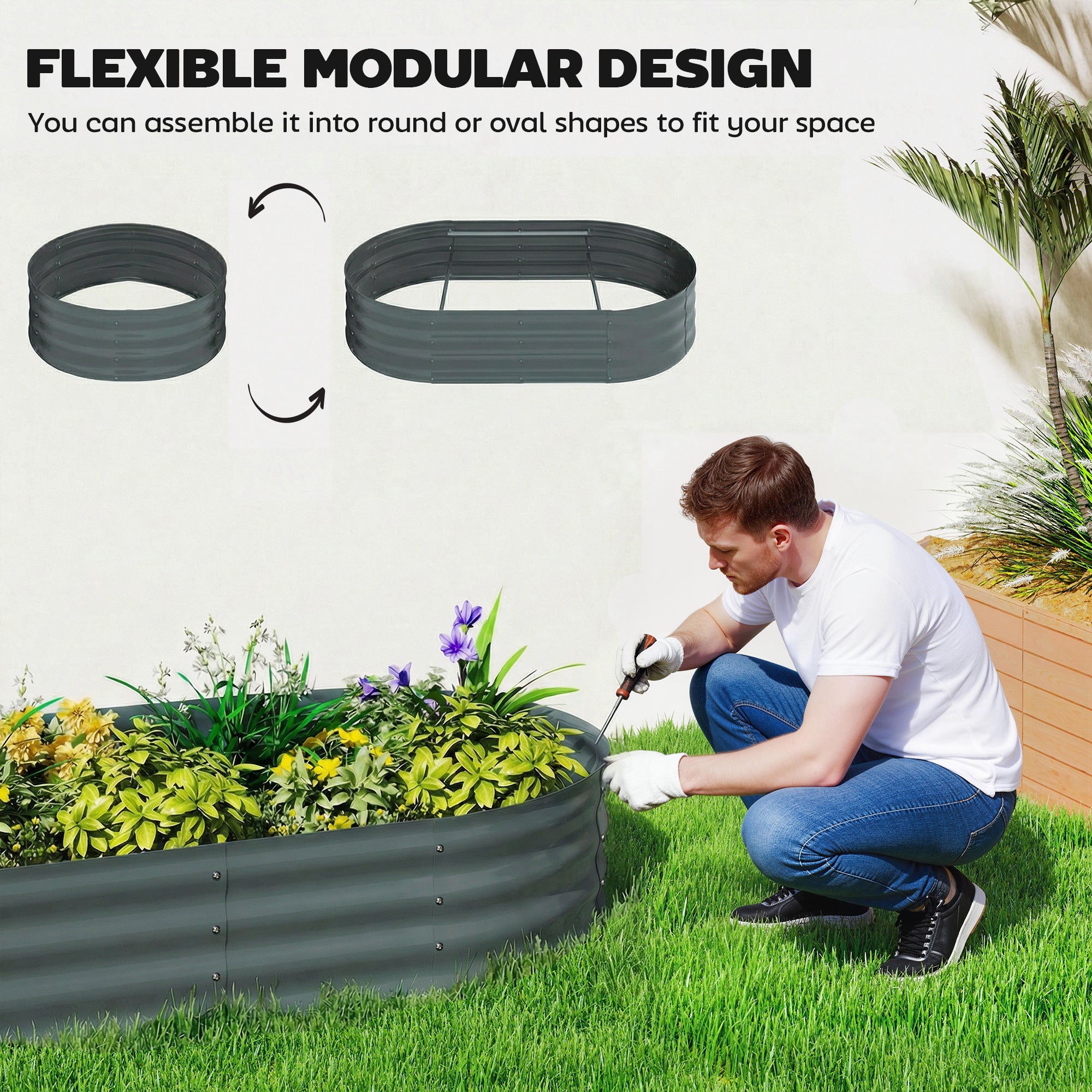 Outsunny Galvanised Raised Garden Bed with Arched Trellis, 4 x 2 x 4.6ft Metal Raised Bed for Garden with Open Bottom, Dark Grey