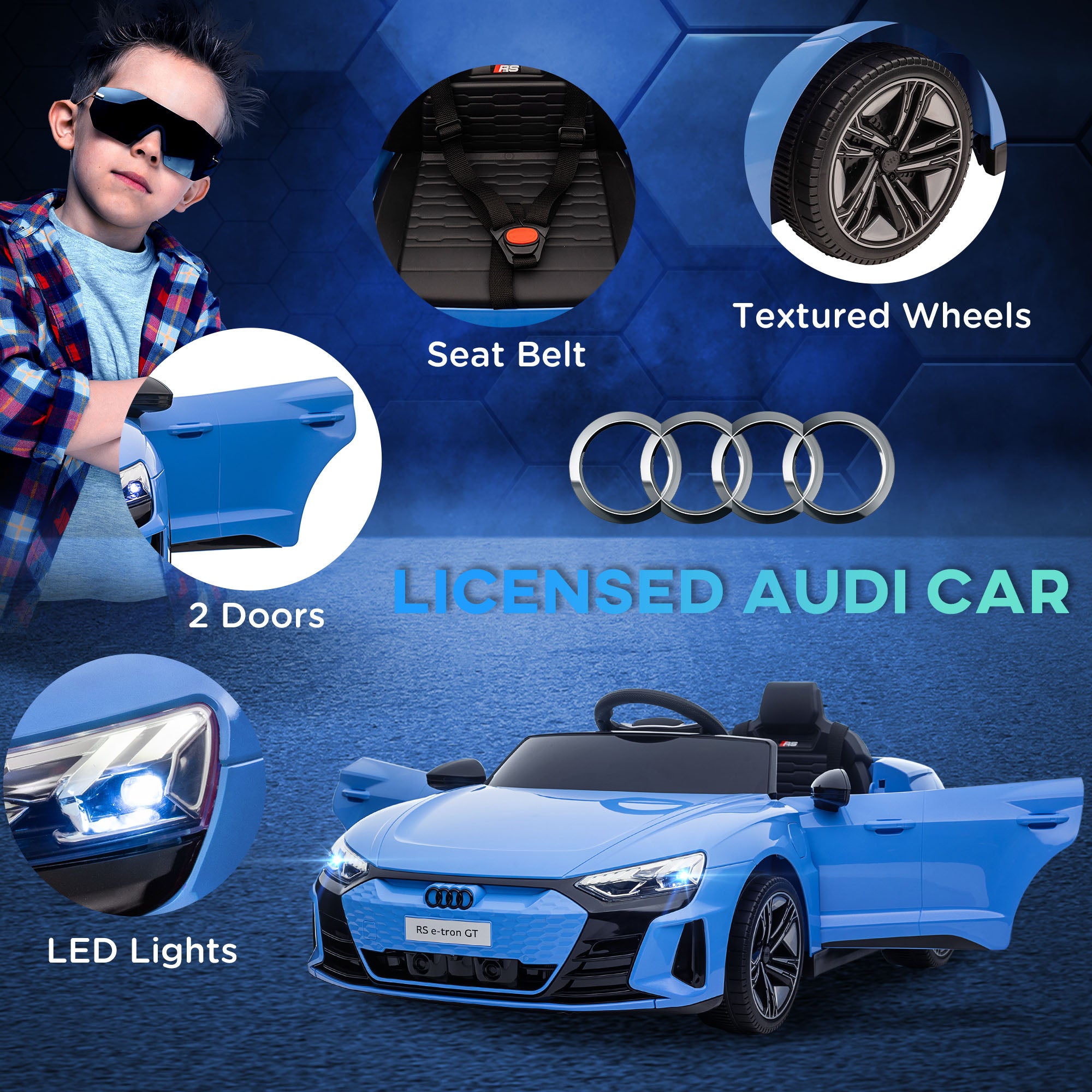 HOMCOM Audi Licensed 12V Kids Electric Ride-On, with Remote Control, Suspension System, Lights, Music, Motor - Blue - North Peak Garden Furniture