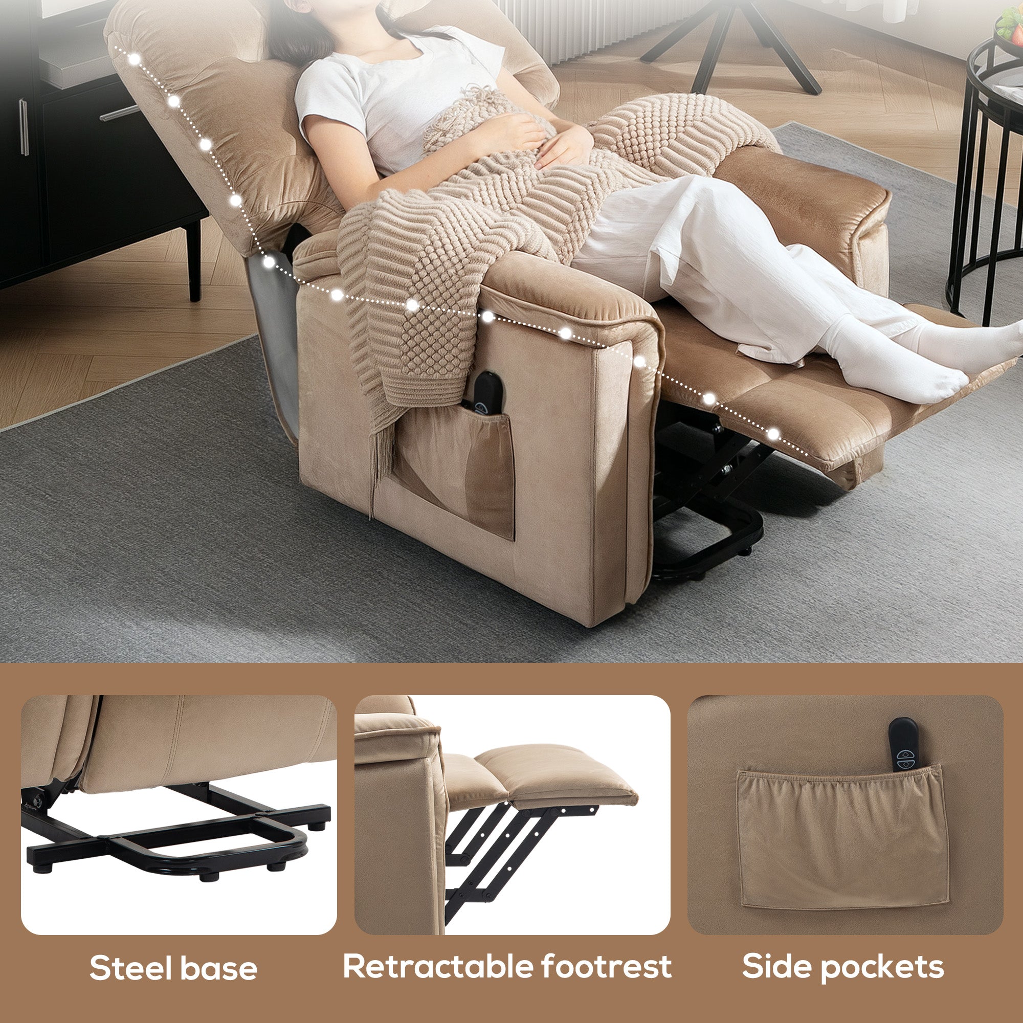 HOMCOM Velvet-Feel Electric Lift Recliner Chair - Brown - North Peak Garden Furniture