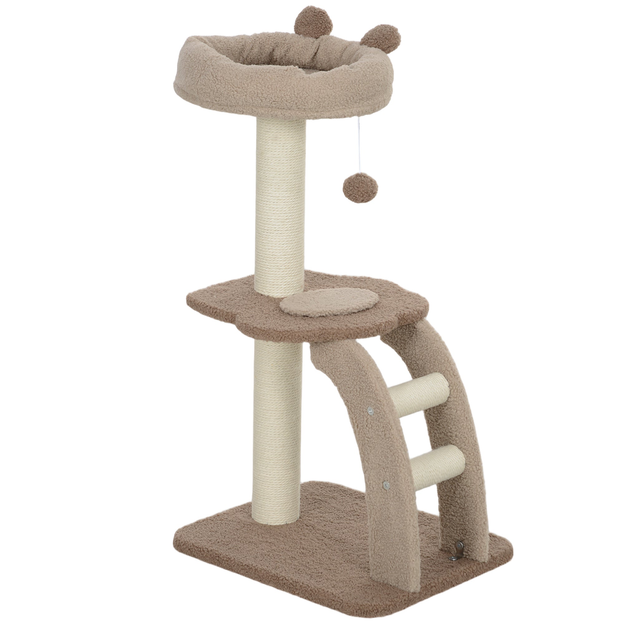 PawHut Cat Tee for Indoor Cats, 88cm Cat Tower with Sisal Scratching Post, Hanging Ball, Large Cat Perch, Stairs, Brown