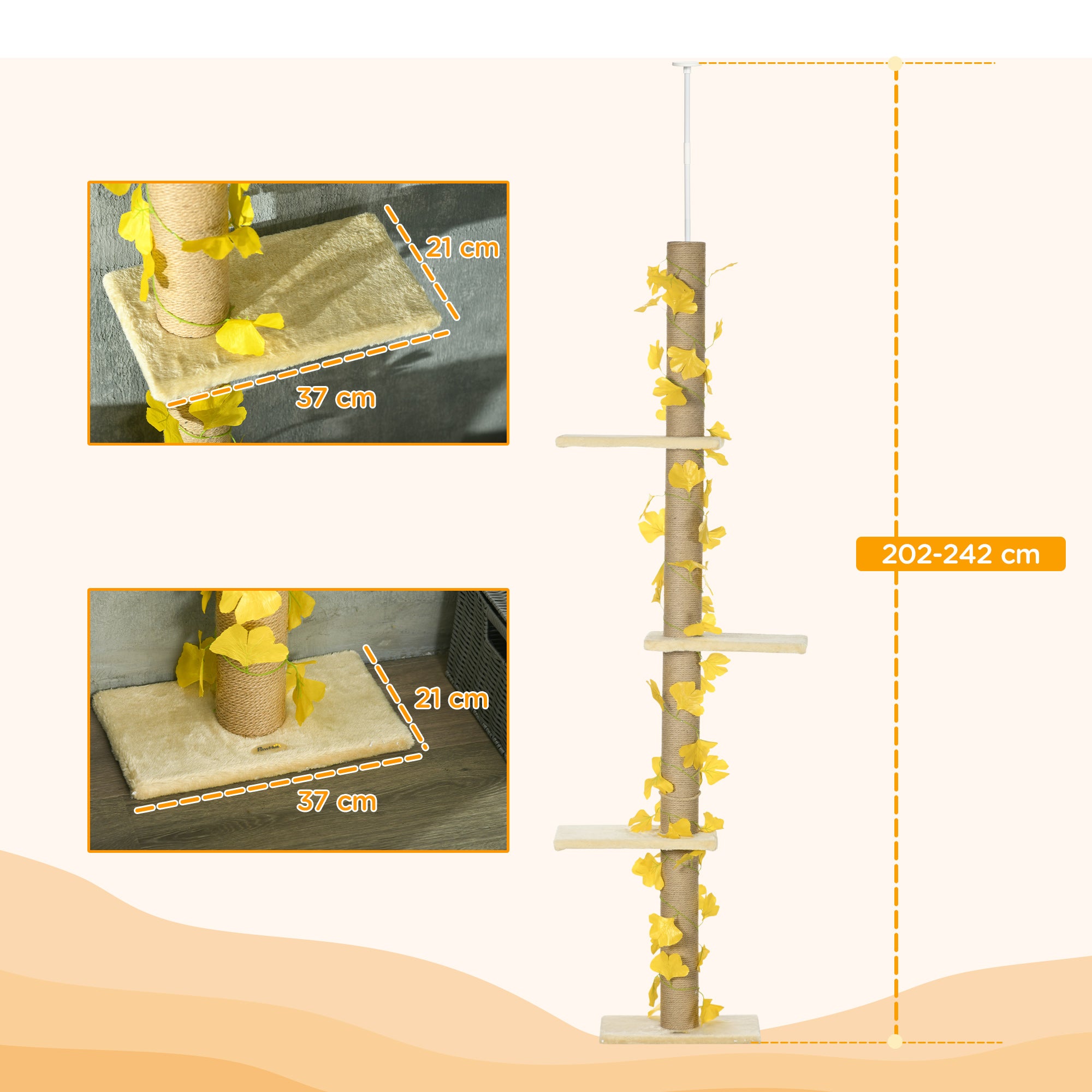 PawHut 242cm Adjustable Floor-To-Ceiling Cat Tree, with Artificial Decoration, Perches, Anti-Slip Kit - Yellow - North Peak Garden Furniture