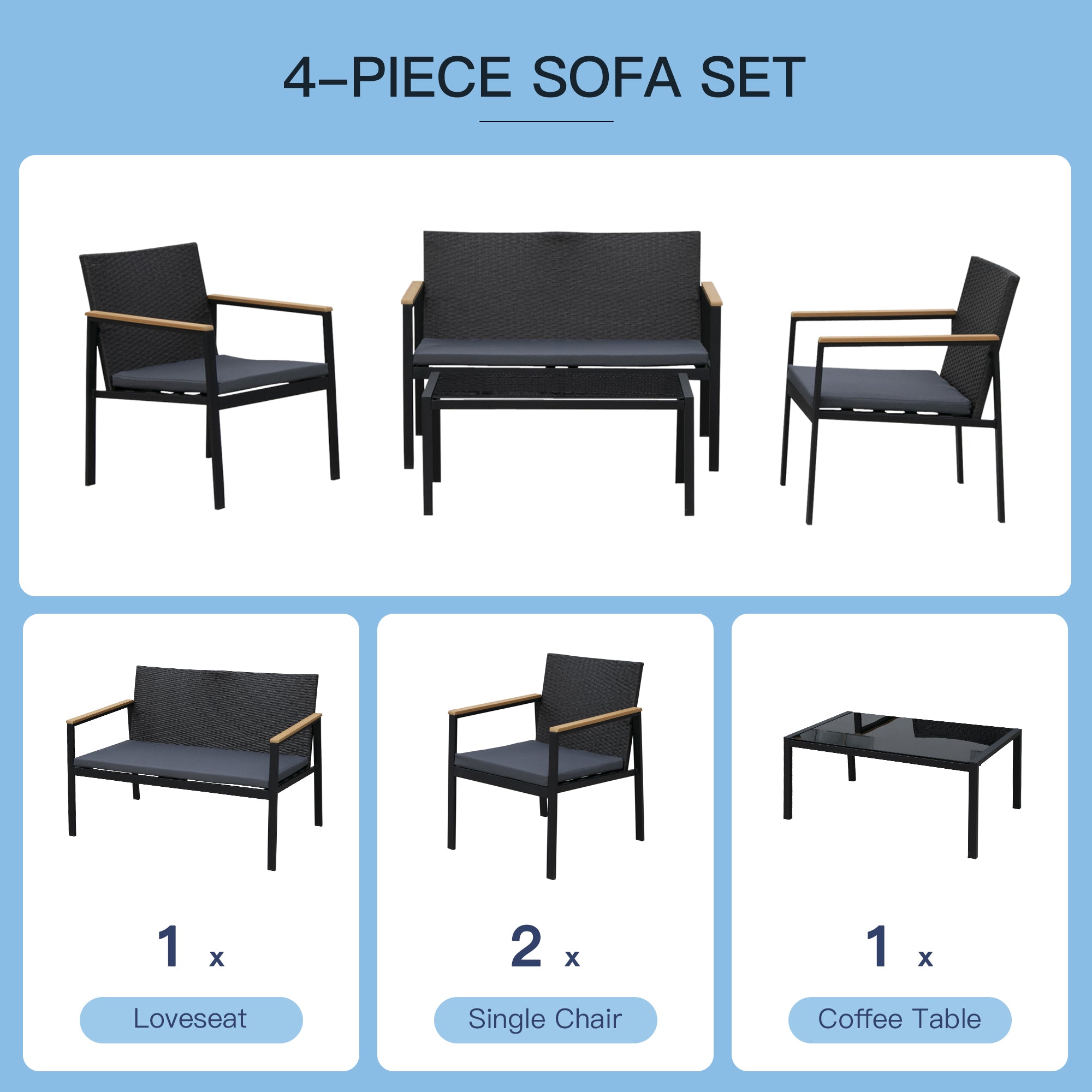 Outsunny 4PC Rattan Garden Furniture Set 2 Single Sofa Arm Chairs 1 Bench Loveseat with Cushions & Coffee Table Patio Backyard Wicker Weave - North Peak Garden Furniture