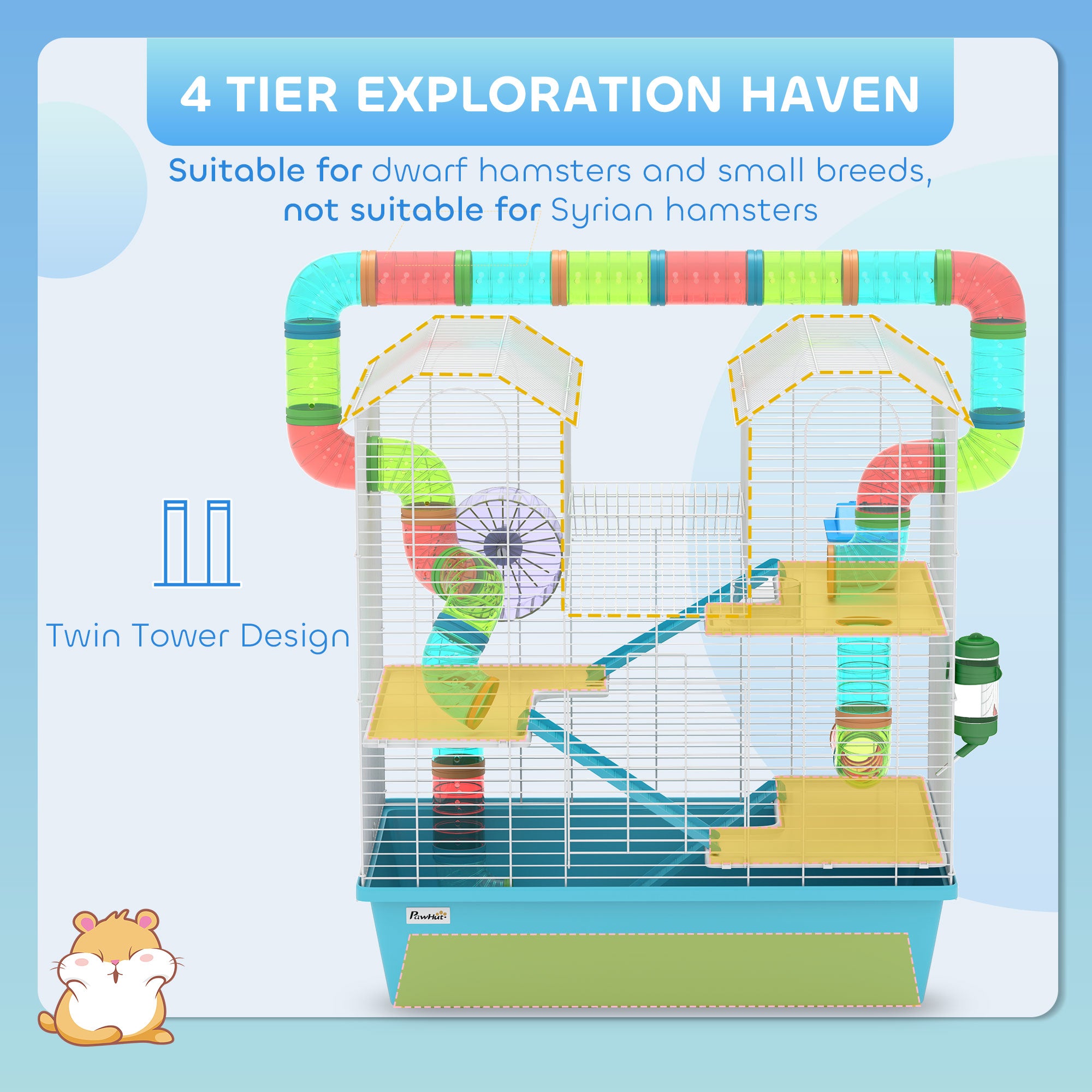 PawHut 4 Tier Hamster Cage w/ Tubes, Exercise Wheel, Hut, Water Bottle, Food Dish, Ramps, for Drawf, 58 x 36 x 65cm, Light Blue