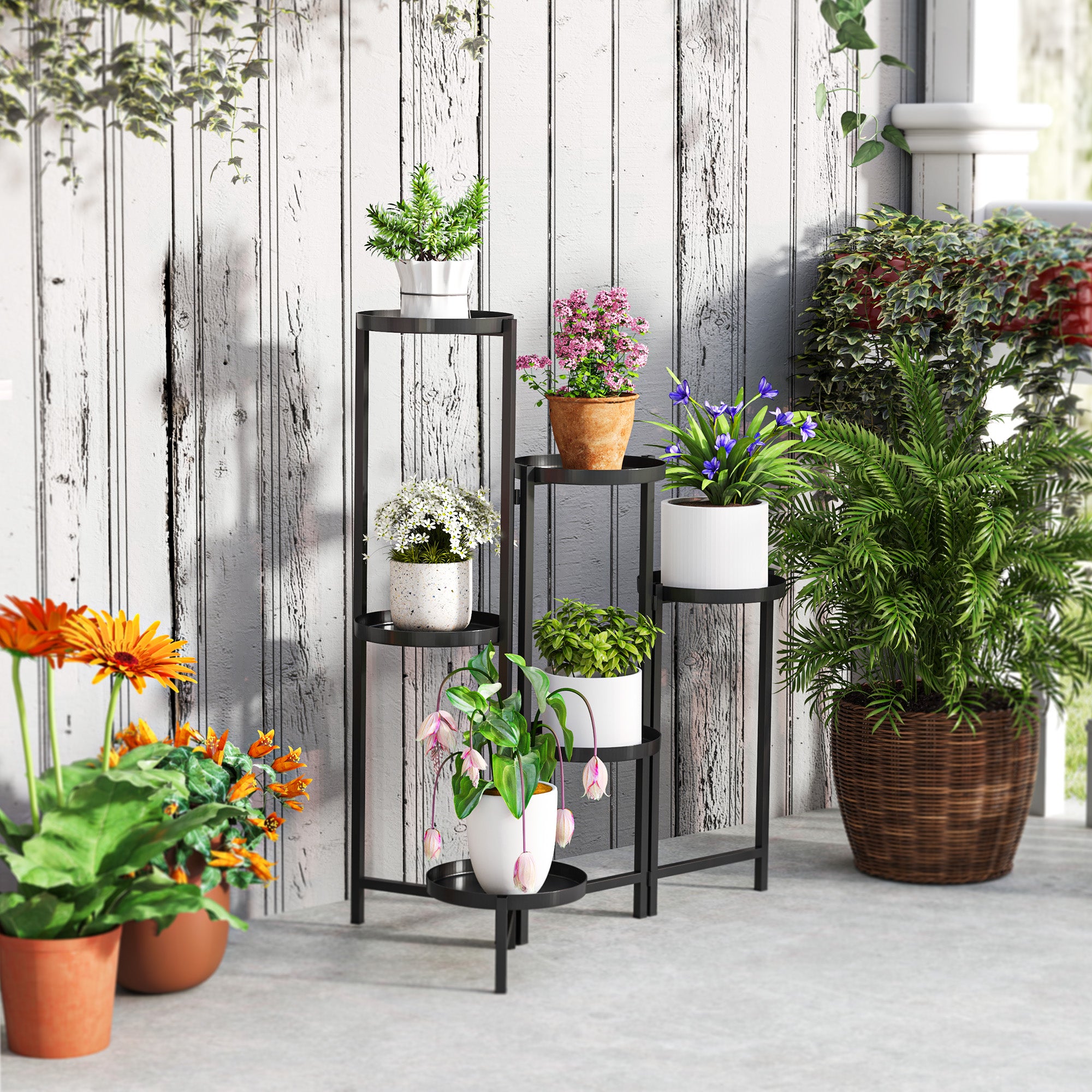Outsunny 3 Tier Plant Stand Indoor Outdoor, Foldable Corner Plant Stands for Multiple Plants, Metal Round Flower Pot Holder for Patio Garden Balcony Living Room, Black - North Peak Garden Furniture