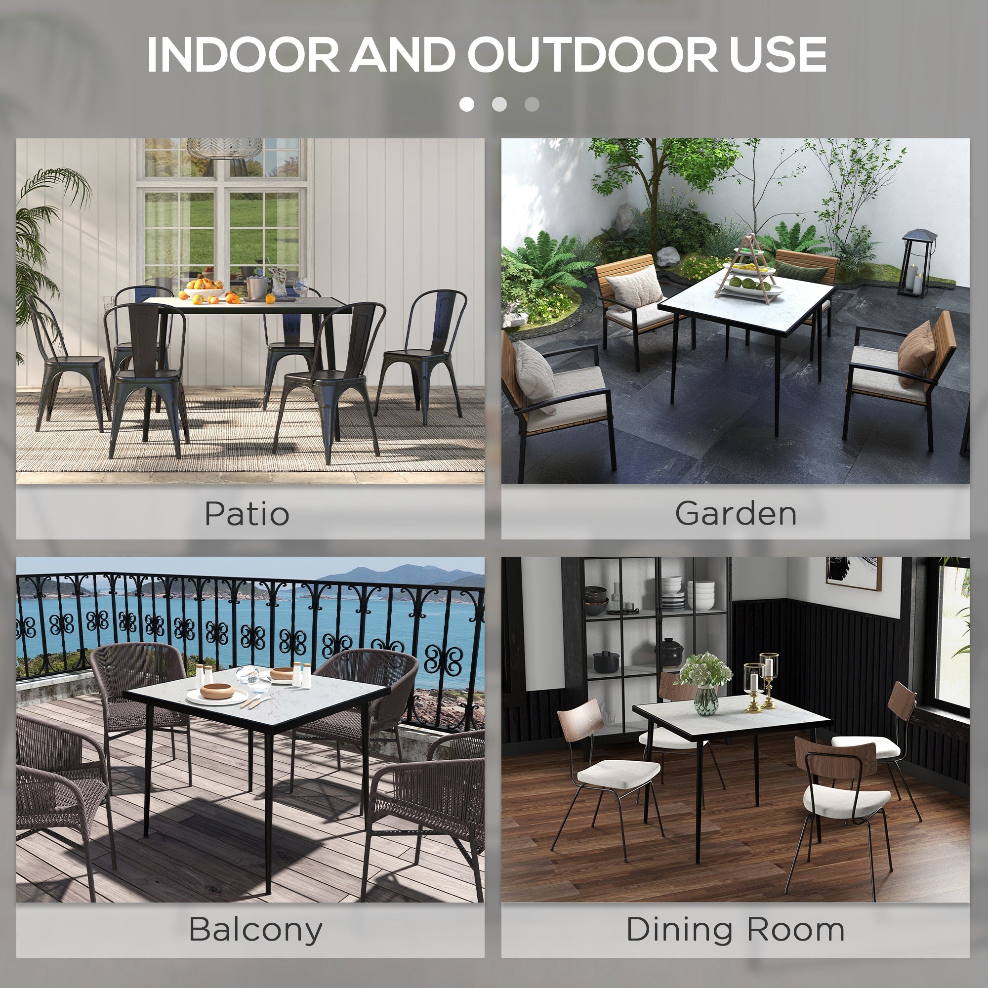 Outsunny Square Garden Table, Outdoor Dining Table for 4 with Marble Effect Tempered Glass Top and Steel Frame for Patio, White - North Peak Garden Furniture