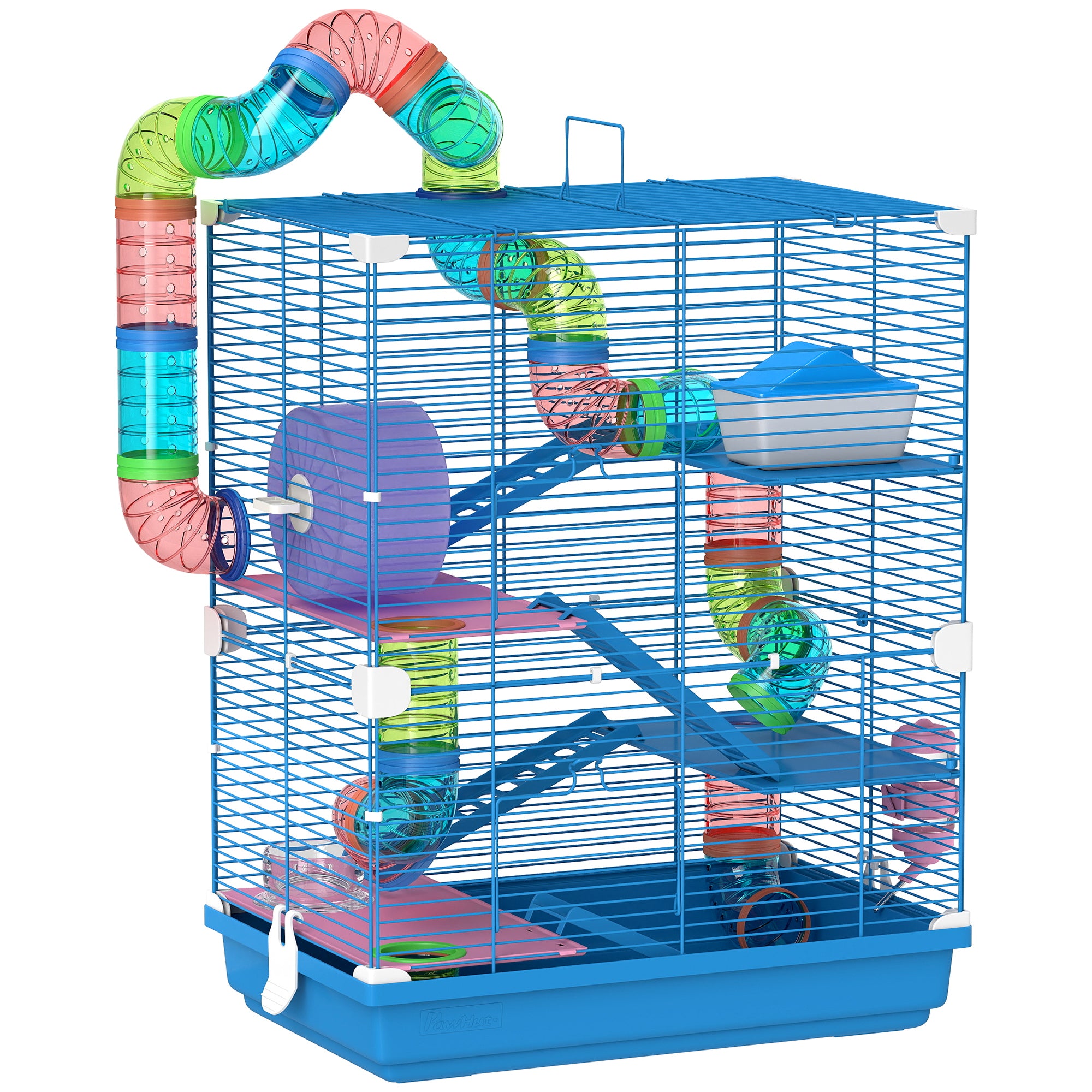 PawHut 5 Tier Hamster Cage Carrier Habitat w/ Exercise Wheels, Tunnel, Blue