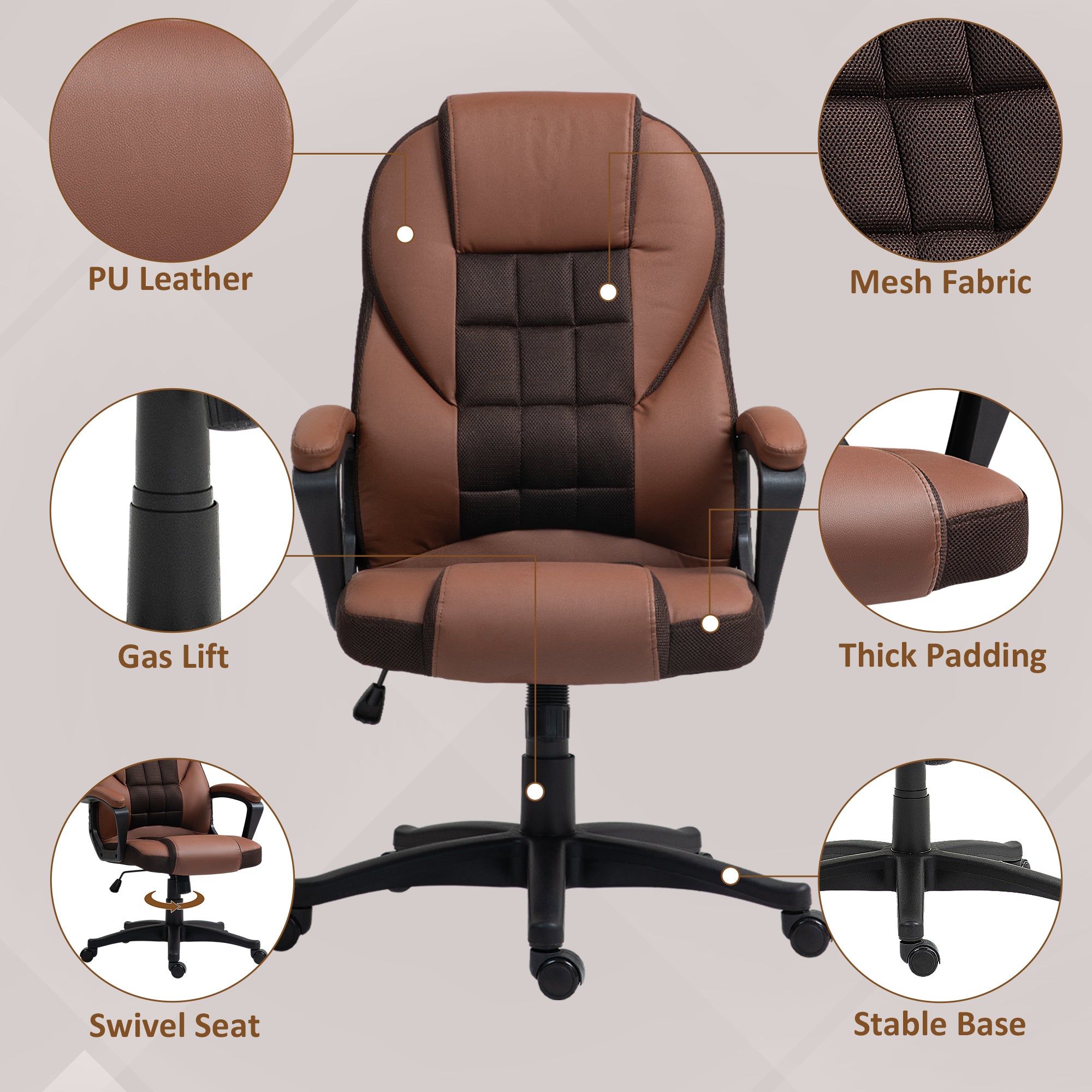 HOMCOM Faux Leather Office Chair - Brown - North Peak Garden Furniture