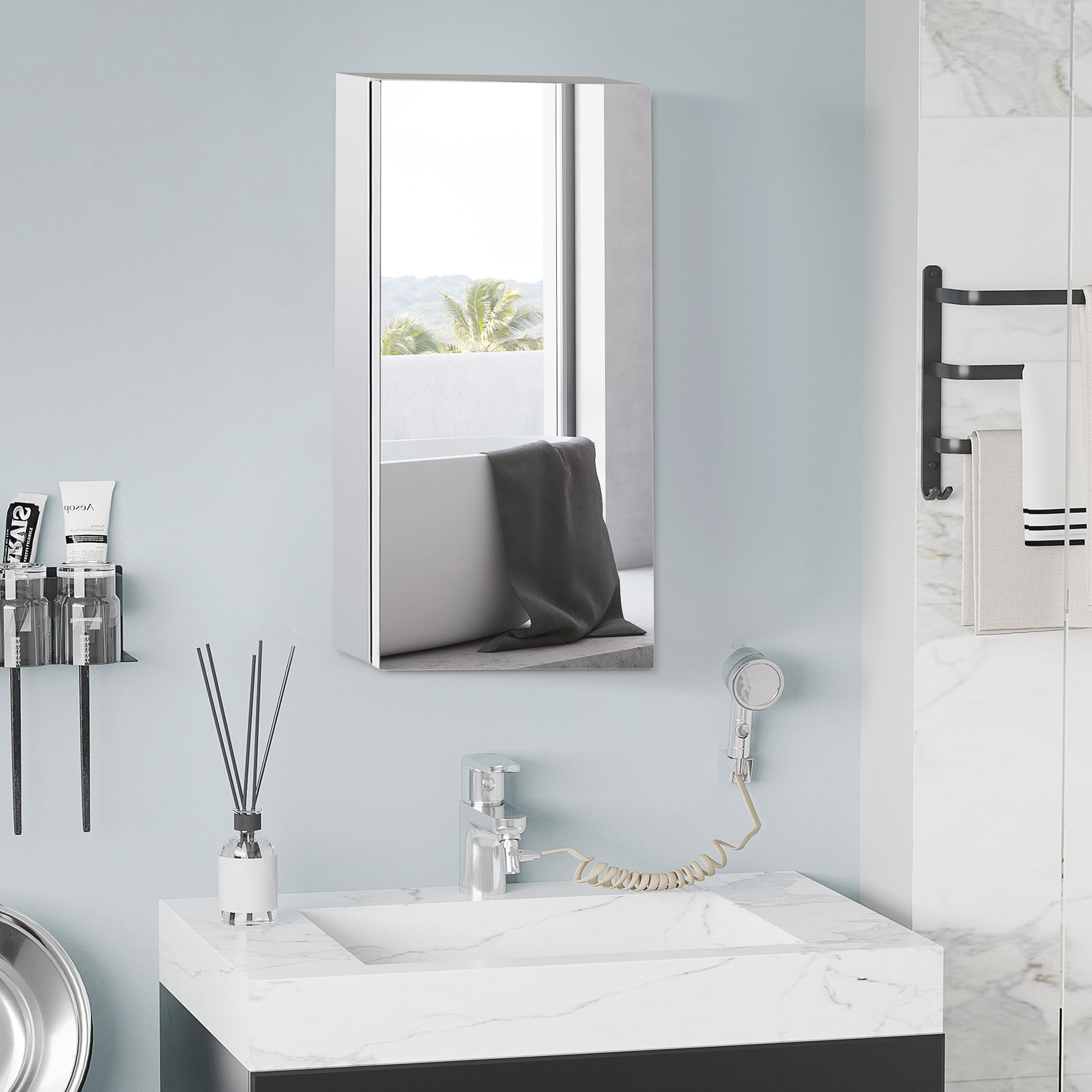HOMCOM Bathroom Mirror Cabinet, Stainless Steel Wall Mounted Bathroom Cabinet with Mirror for Small Cloakroom Compact Space, 30 x 14 x 55 cm