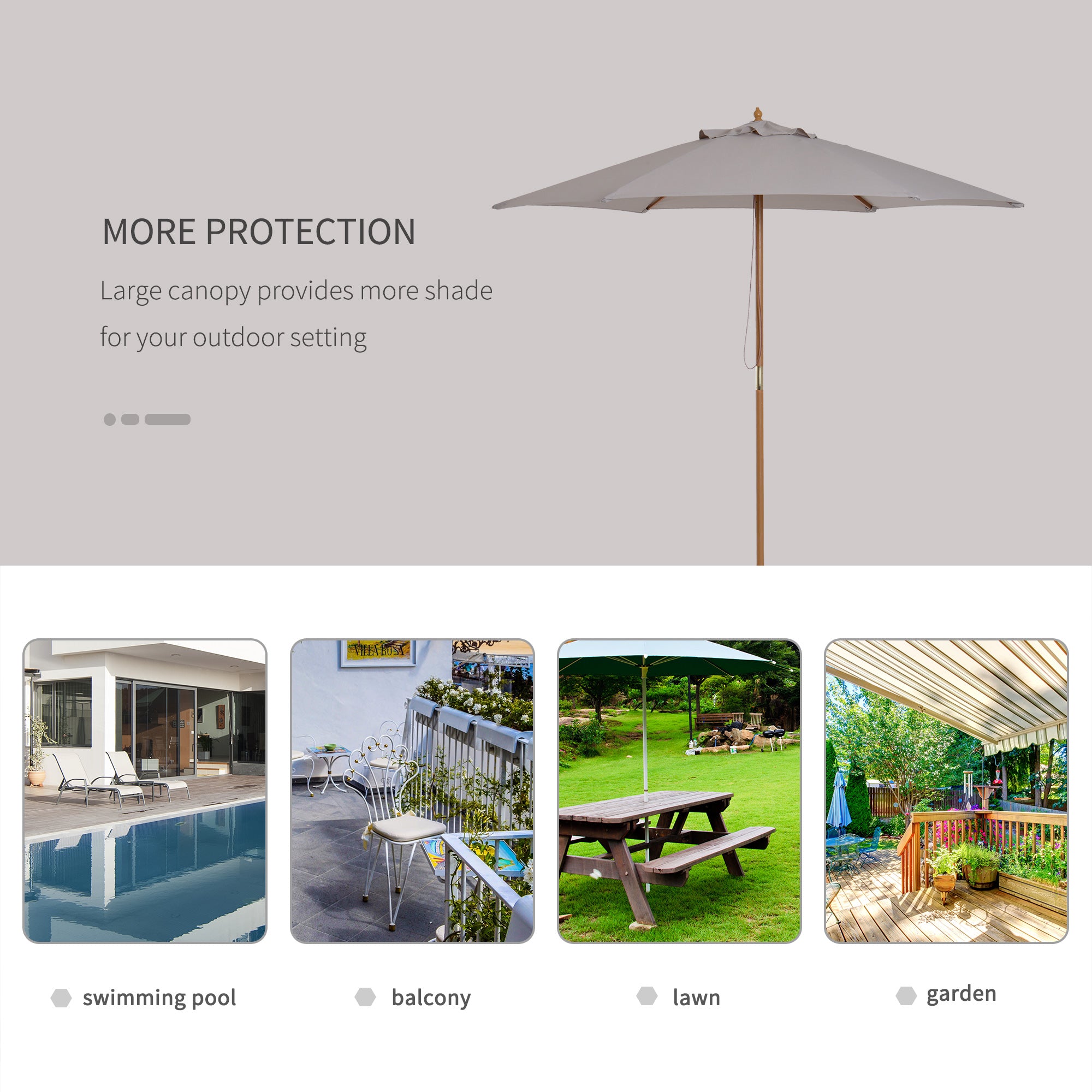 Outsunny 2.5m Wood Garden Parasol Sun Shade Patio Outdoor Wooden Umbrella Canopy Grey - North Peak Garden Furniture