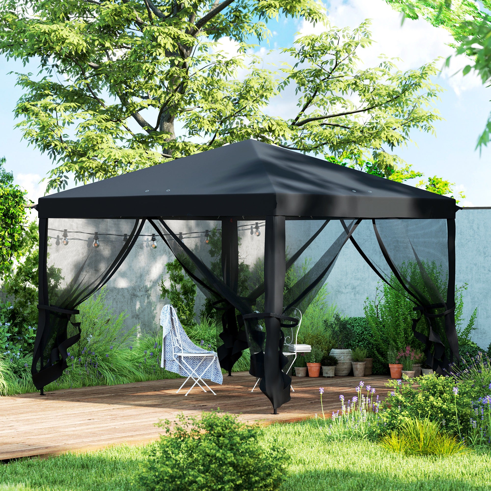 Outsunny 3 x 3 m Pop Up Gazebo, 420D Garden Tent Canopy with Removable Mesh Sidewall Netting, Carry Bag for Garden Patio Outdoor, Black - North Peak Garden Furniture