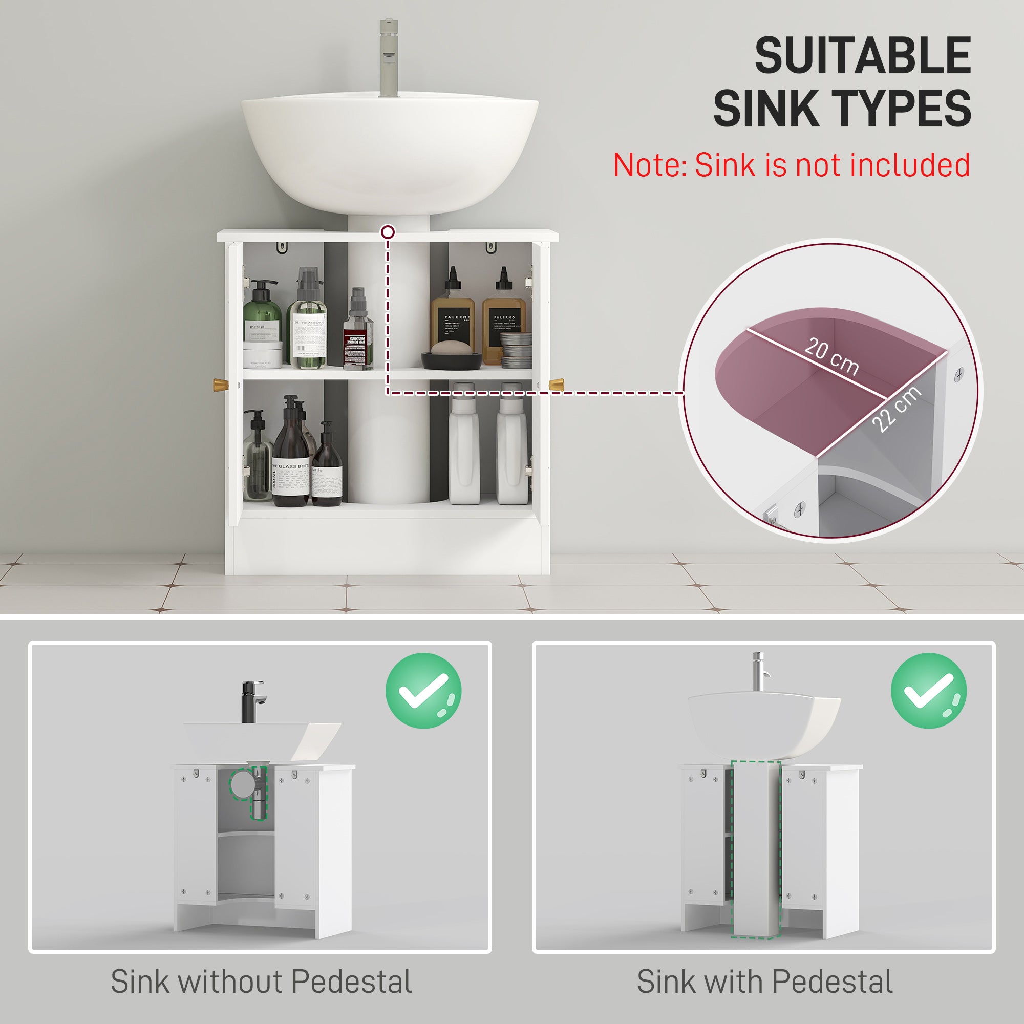 HOMCOM Under Sink Bathroom Cabinet, Under Sink Cabinet with Adjustable Shelf and Open Compartment for Basin with or without Pedestal, 60 x 30 x 60cm, White - North Peak Garden Furniture