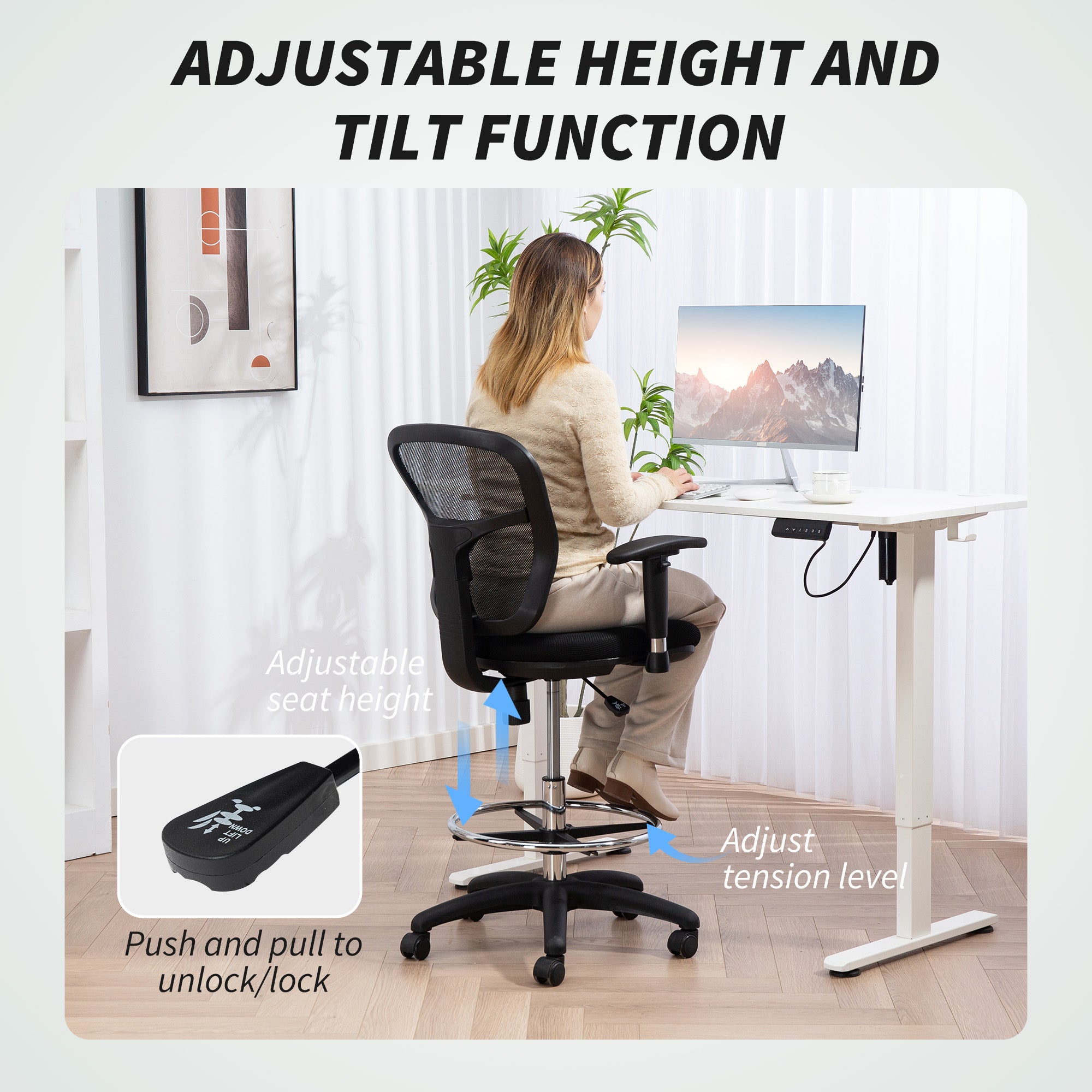 HOMCOM Drafting Chair with Adjustable Armrests, Ergonomic Mesh Office Chair with Lumbar Support, Adjustable Height and Footrest for Standing Desk, Black - North Peak Garden Furniture