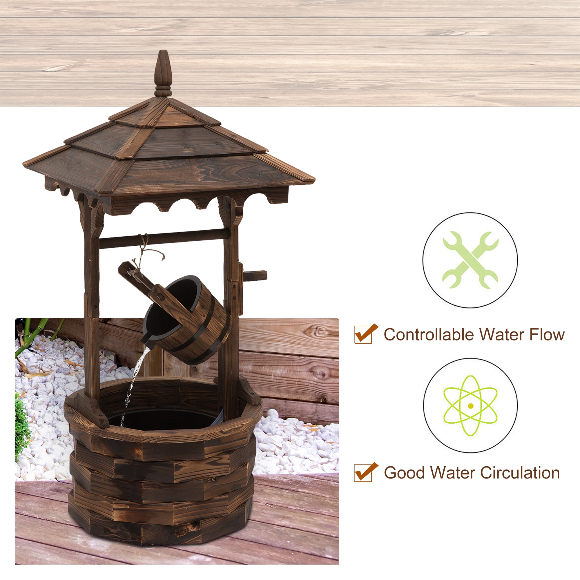 Outsunny Fir Wood Outdoor Garden Décor Wishing Well Waterfall