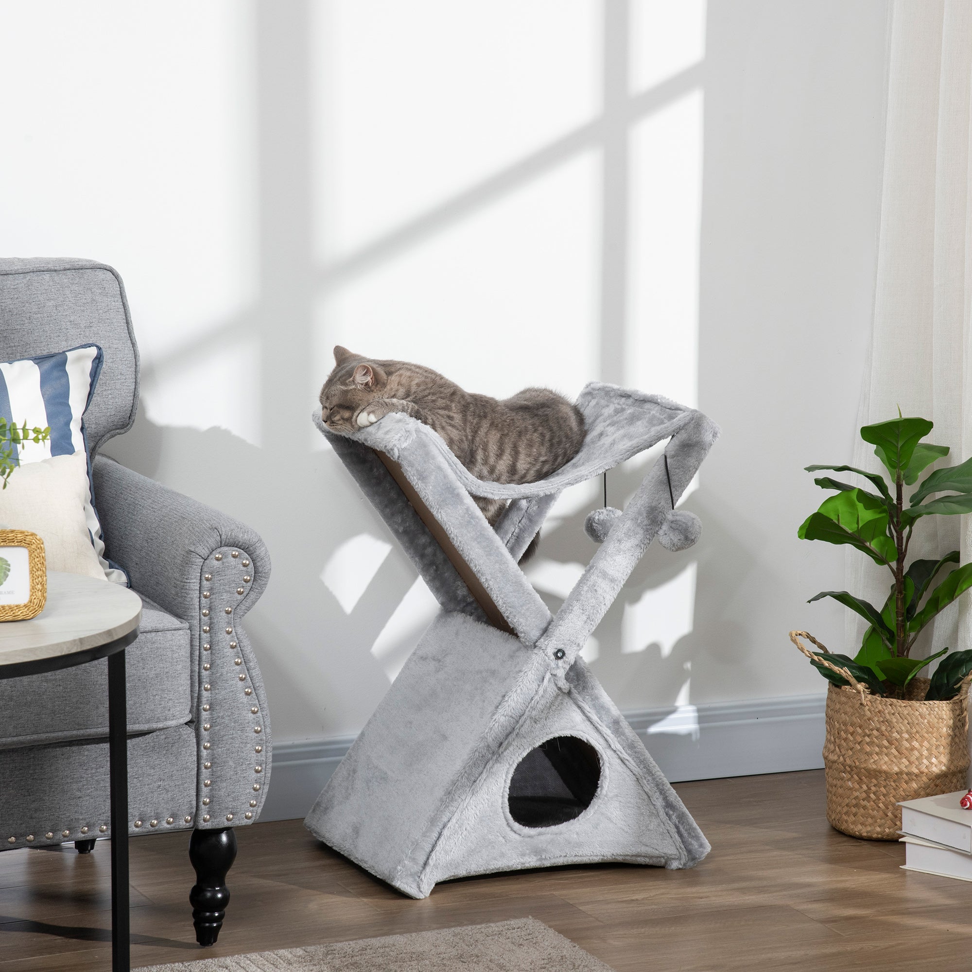 PawHut Two Tier Cat Tree for Indoor Cats Play Rest Activity Tower Plush Folding Relax Center w/ Scratching Post Hammock Pom Poms Grey - North Peak Garden Furniture