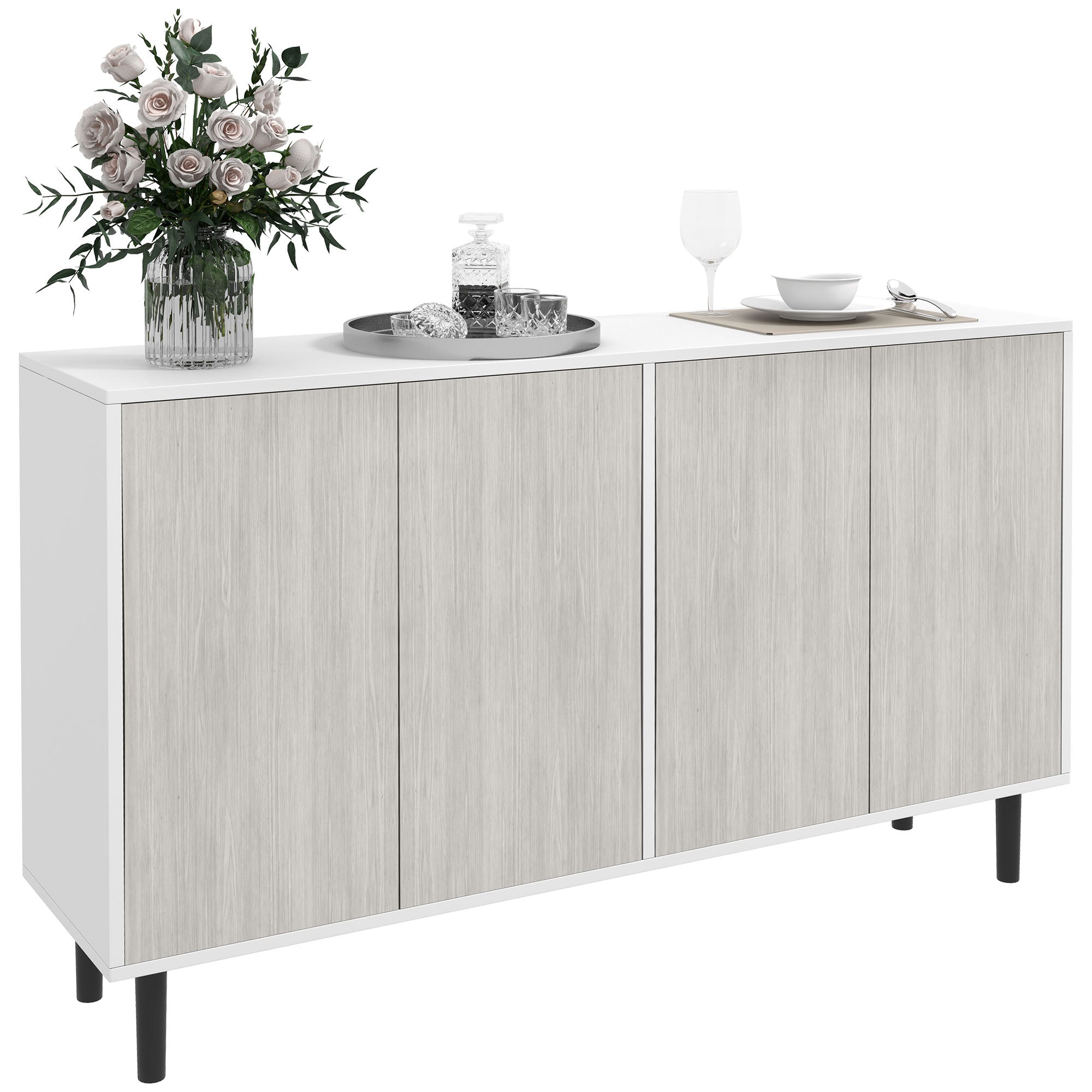 HOMCOM Kitchen Sideboard Storage Cabinet for Living Room with Adjustable Shelves 4 Doors and Pine Wood Legs White - North Peak Garden Furniture