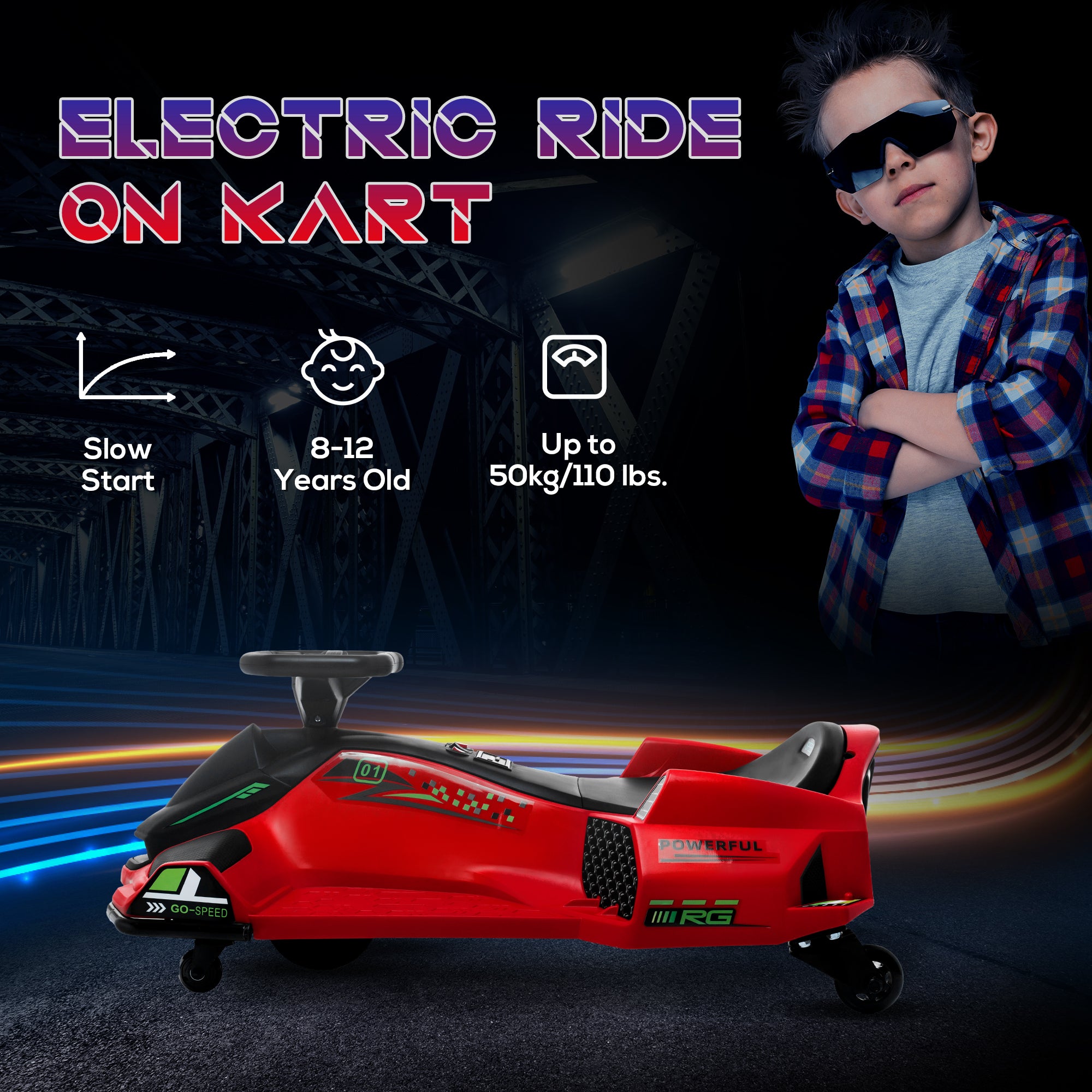 HOMCOM 12V Kids Electric Go Kart with Music, LED Lights, Slow Start, Red - North Peak Garden Furniture