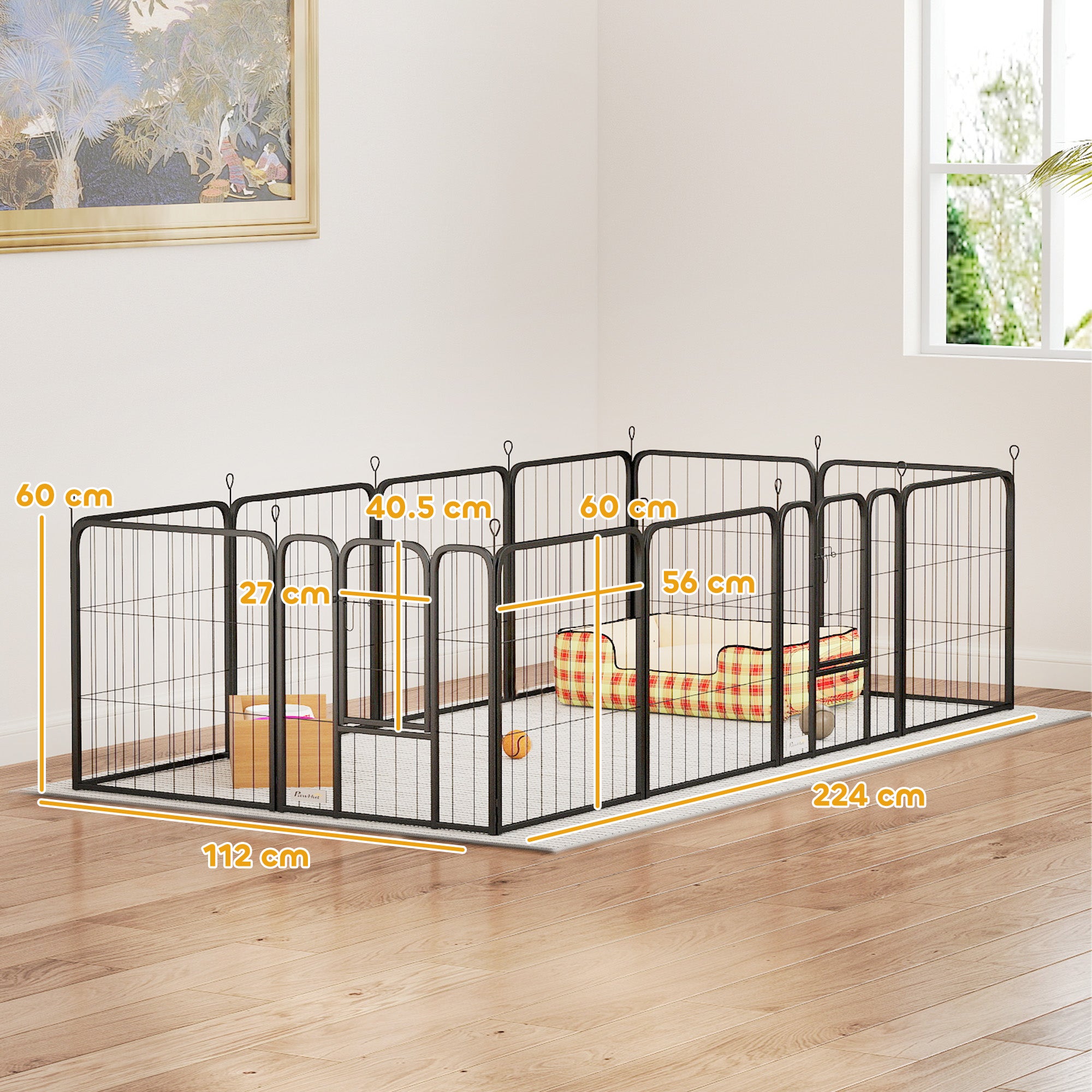 PawHut 12 Panels Heavy Duty Dog Playpen with Doors, for Small Dogs, 60cm High, Black - North Peak Garden Furniture