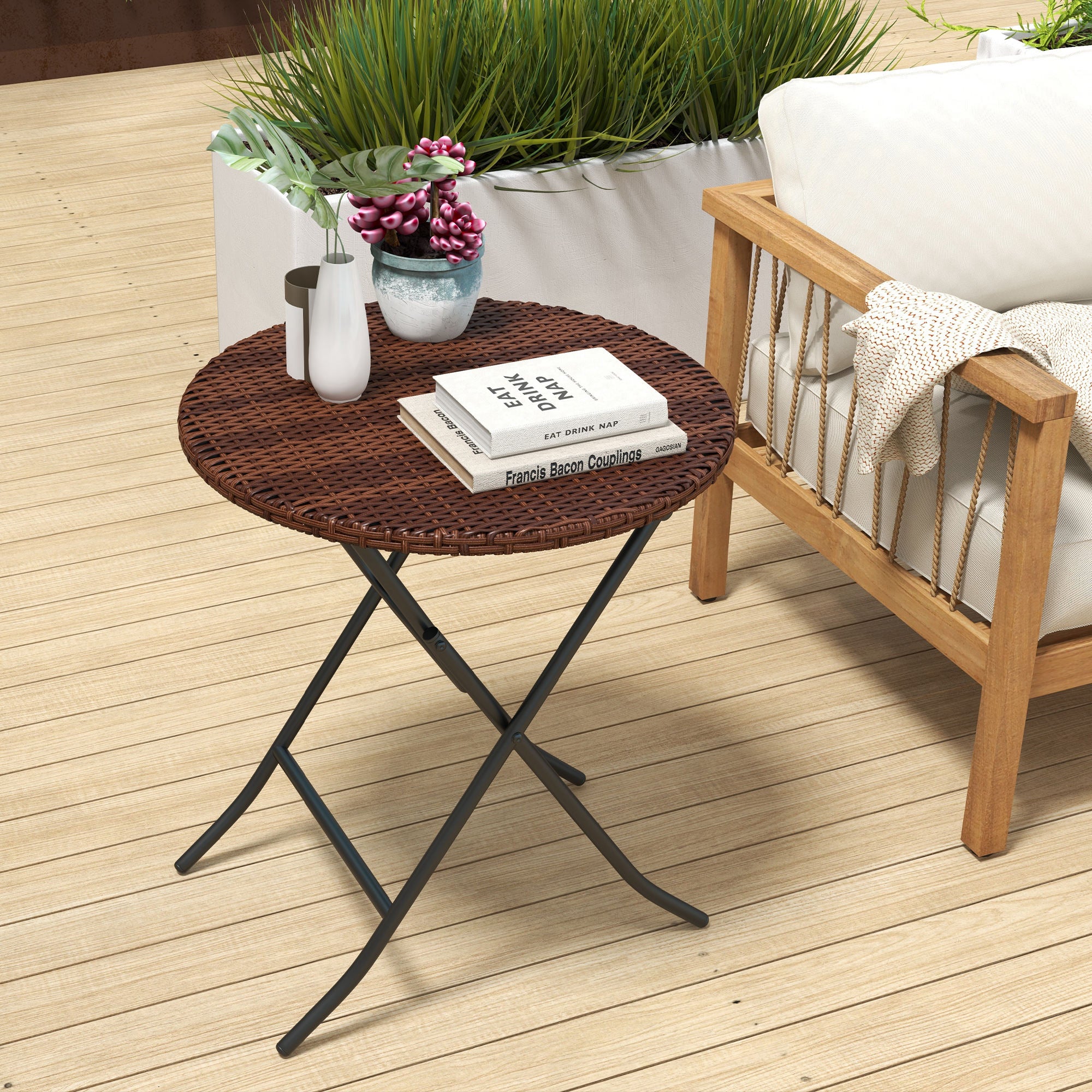 Outsunny Foldable PE Rattan Outdoor Coffee Table, Metal Frame Wicker Round Side Table, Coffee Table Side Table for Lawn, Garden, Mixed Brown - North Peak Garden Furniture