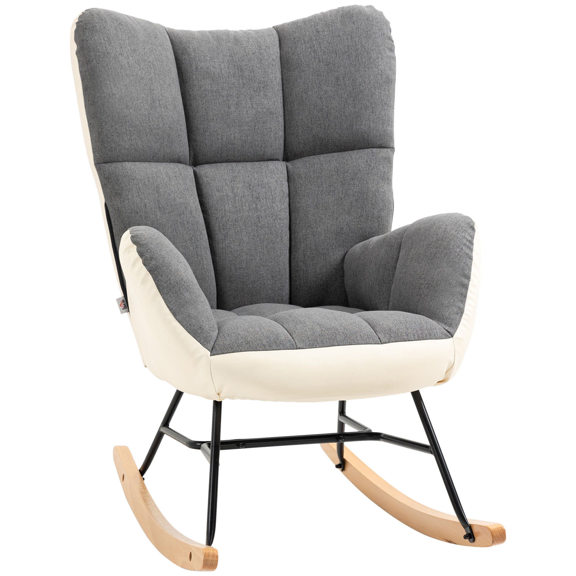 HOMCOM Soft Padded Rocking Wingback Armchair, with Wooden Legs - Grey/Cream - North Peak Garden Furniture