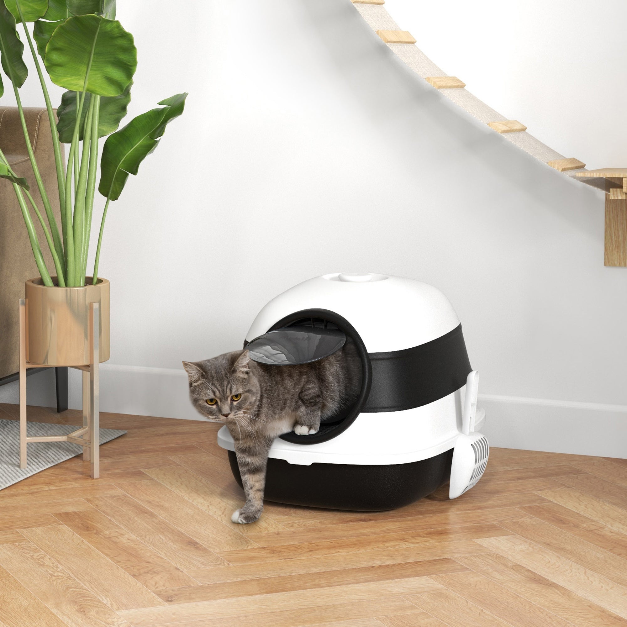 PawHut Foldable Cat Litter Tray with Lid, Deodorant, Scoop, Black - North Peak Garden Furniture