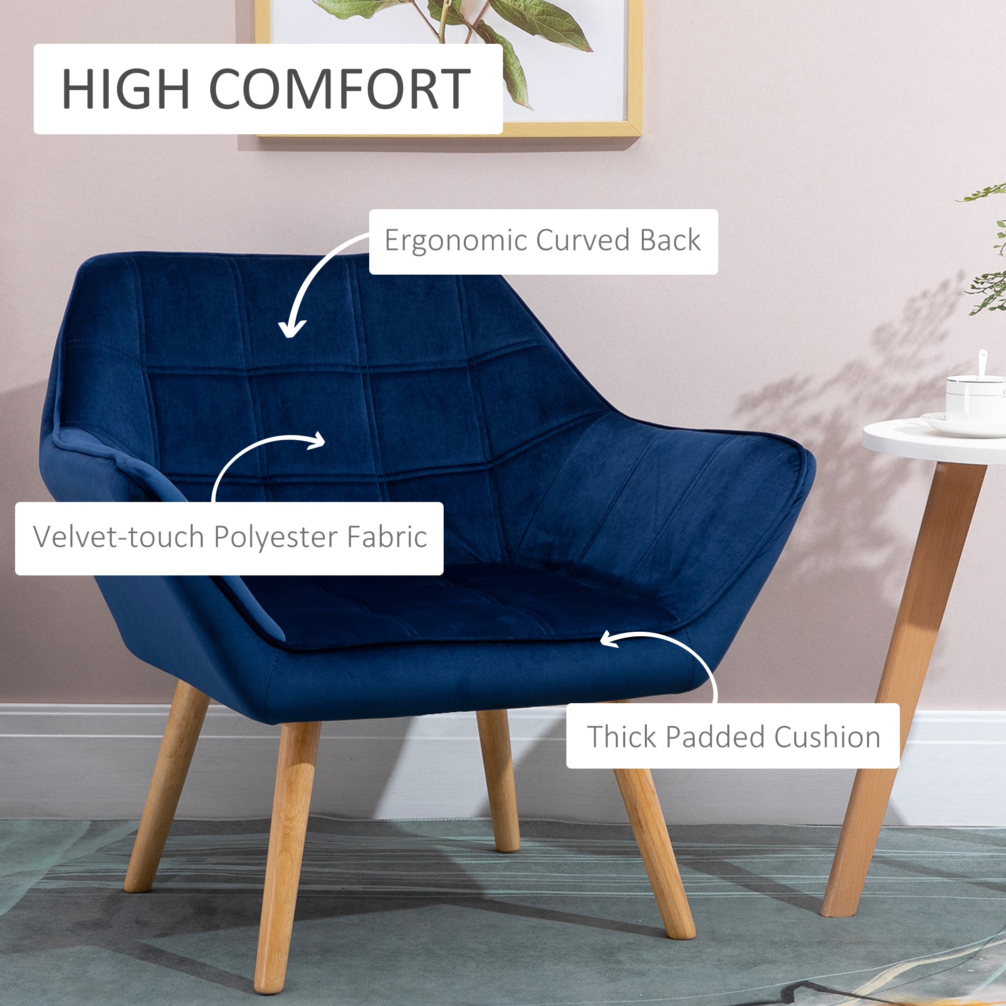 HOMCOM Armchair Accent Chair, Vanity Chair with Wide Arms, Slanted Back, Padding, Metal Frame, Wooden Legs, Home Bedroom Furniture Seating, Set of 2, Blue