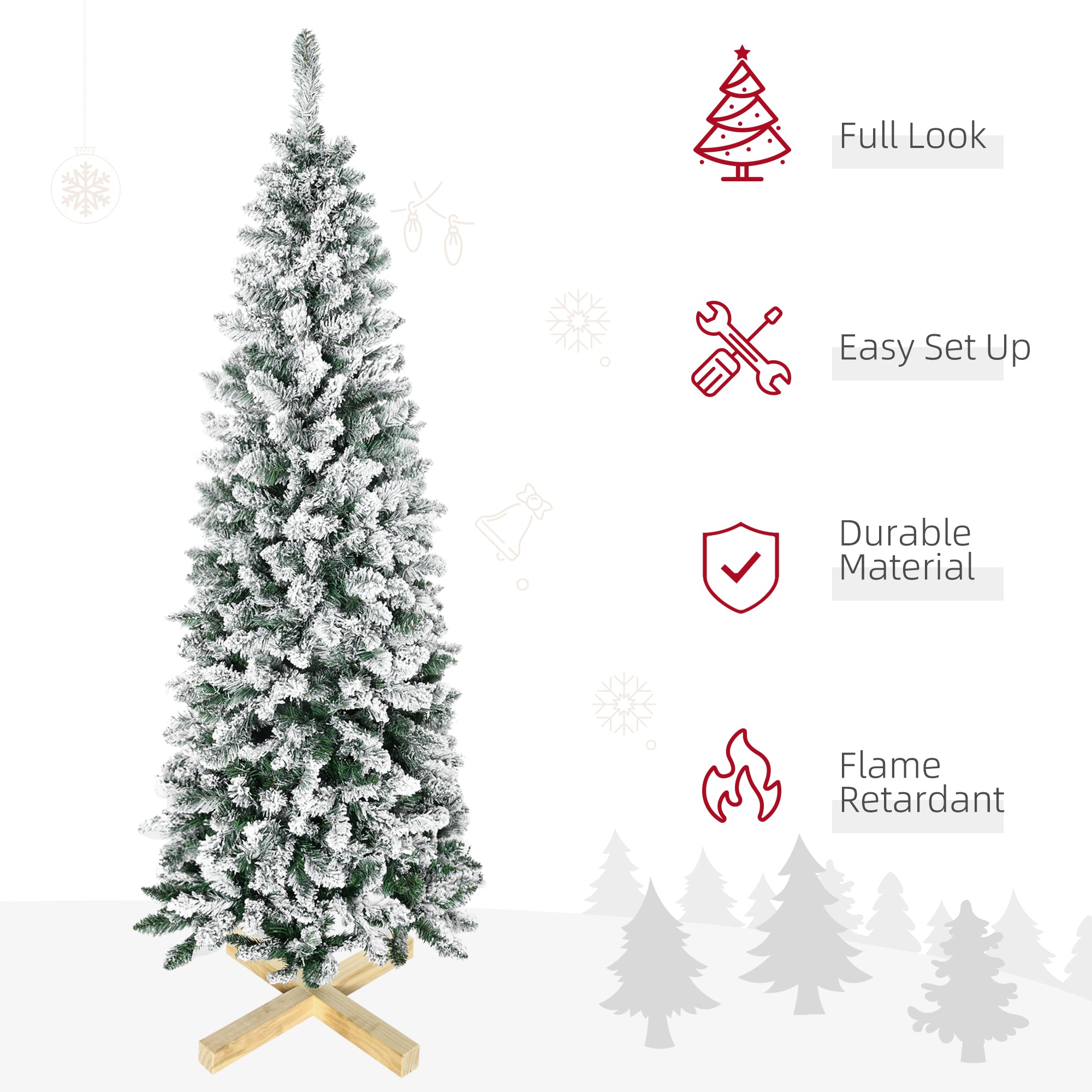 HOMCOM 6 Ft Snow Flocked Artificial Christmas Tree, Xmas Pencil Tree with Realistic Branches, Auto Open, Pinewood Base, Green - North Peak Garden Furniture