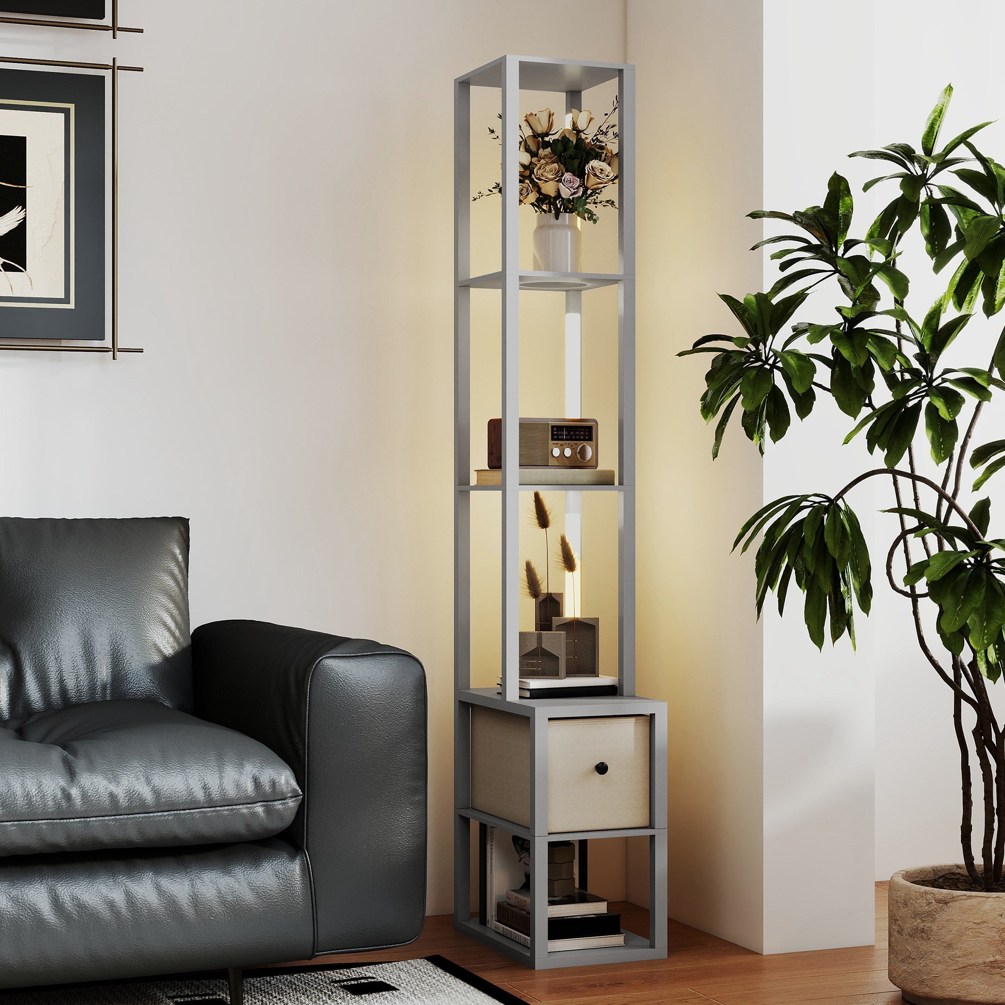 HOMCOM Floor Lamp with Shelves, LED Column Modern Standing Lamp with Fabric Drawer, Adjustable Brightness, Foot Switch for Living Room, Bedroom, Office, Grey