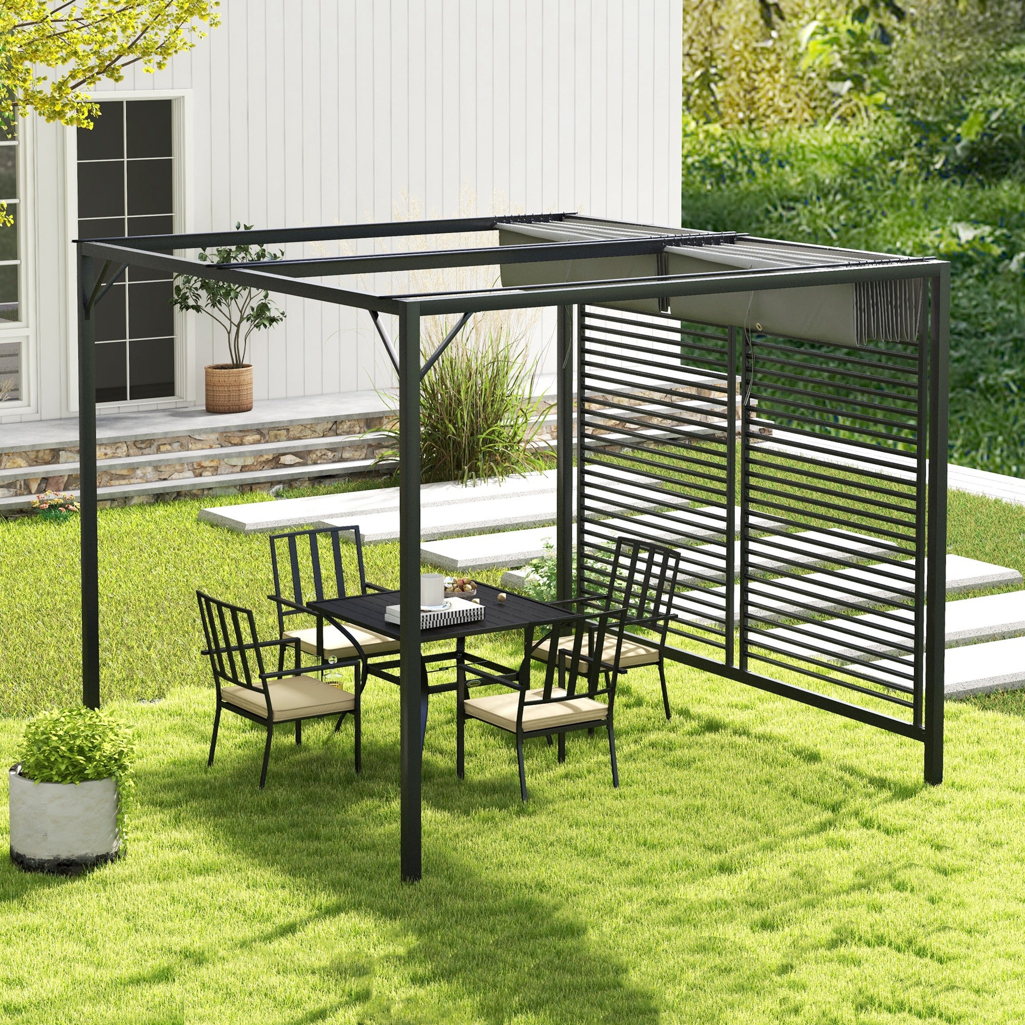 Outsunny 3 x 2.8m Metal Pergola, with Retractable Fabric Roof - Grey - North Peak Garden Furniture