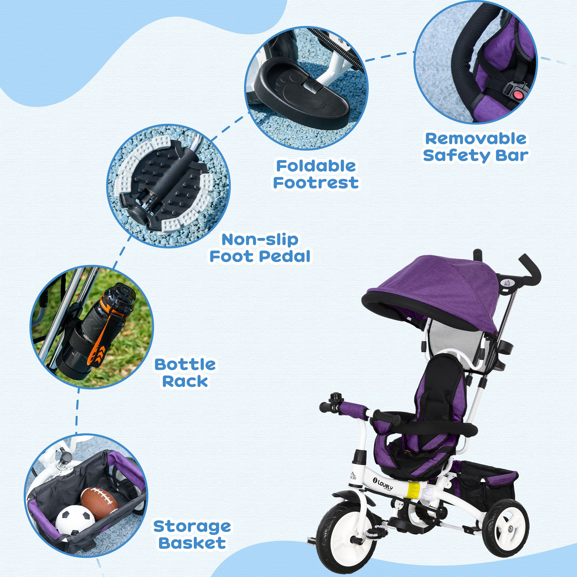 HOMCOM 6 in 1 Kids Trike Push Bike w/ Push Handle, Canopy, 5-point Safety Belt, Storage, Footrest, Brake, for 1-5 Years, Purple - North Peak Garden Furniture