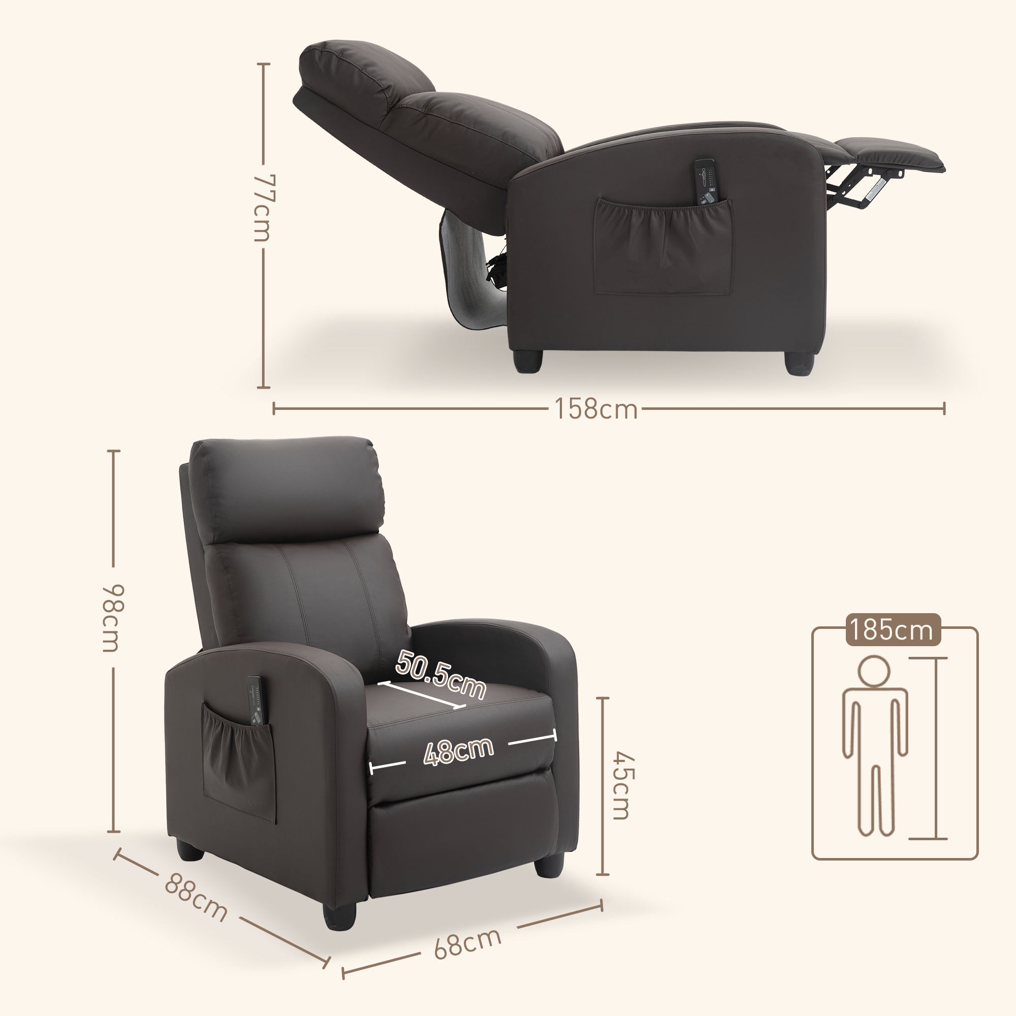 HOMCOM Recliner Armchair, Massage Faux Leather Push Back Reclining Chair with Adjustable Leg Rest, Side Pocket, for Home Living Room Theatre, Brown - North Peak Garden Furniture