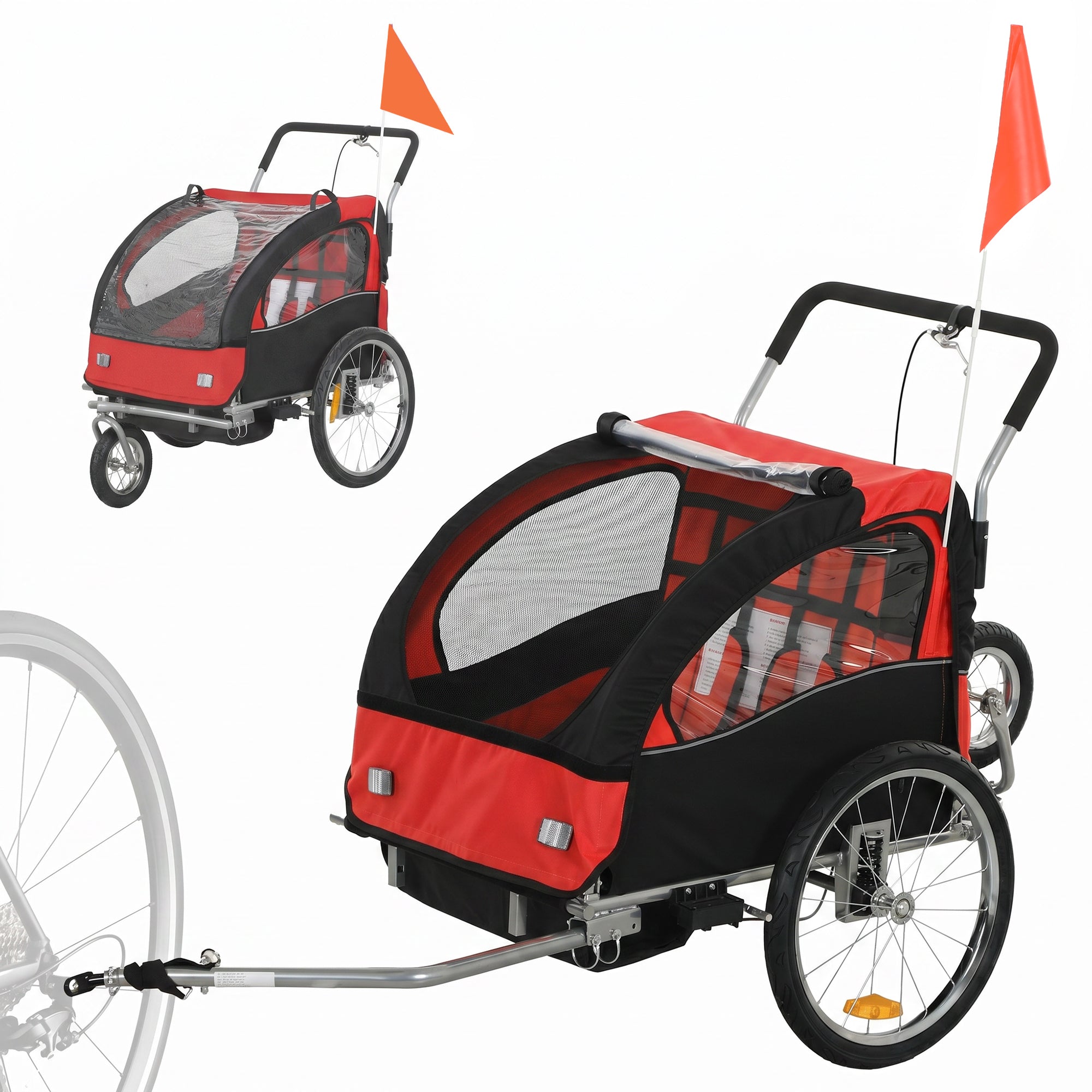 HOMCOM 2 Seat Bike Trailer with 5 Point Harness, Baby Bike Stroller with Safety Flag, Reflectors, for 18+ Months, Red
