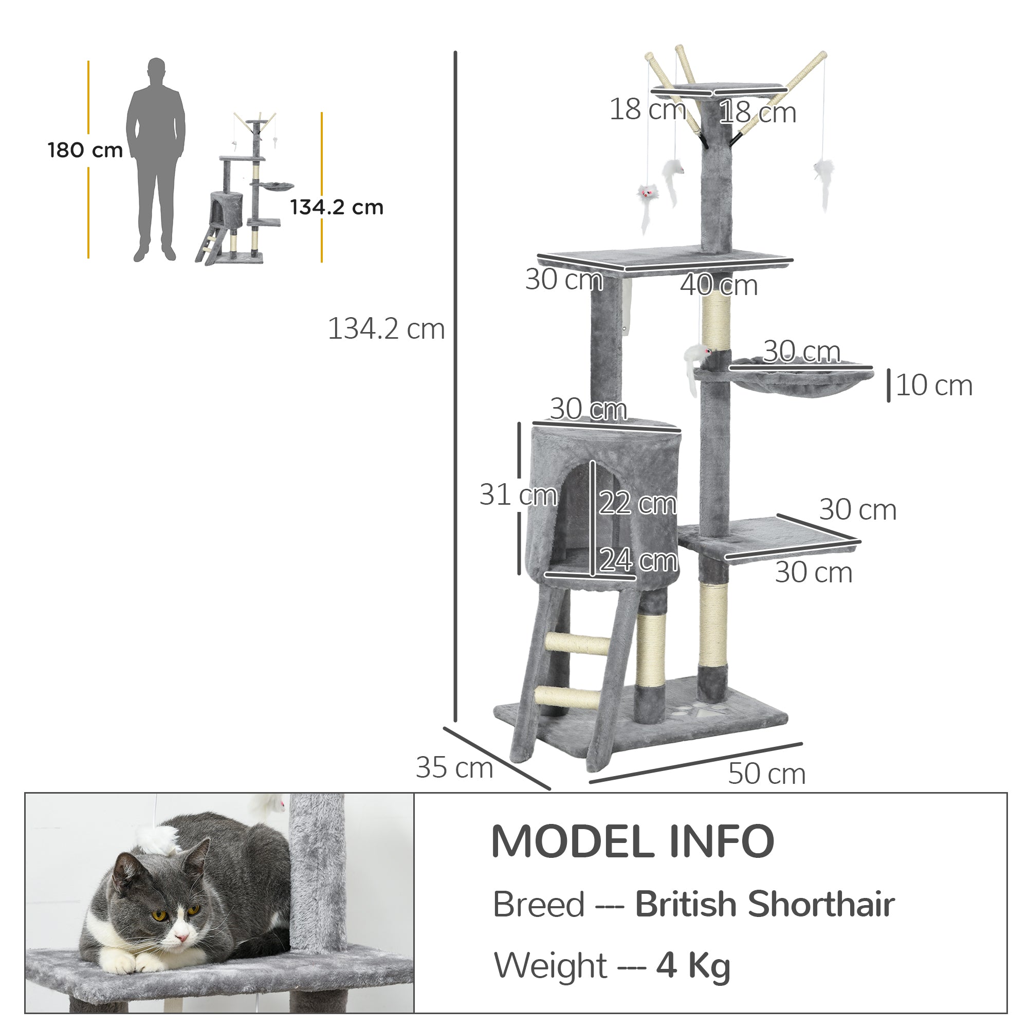 PawHut Cat Scratching Post Cat Tree for Indoor Cats Climbing Tower Scratcher w/ Ladder Kitty Activity Centre 135cm Grey