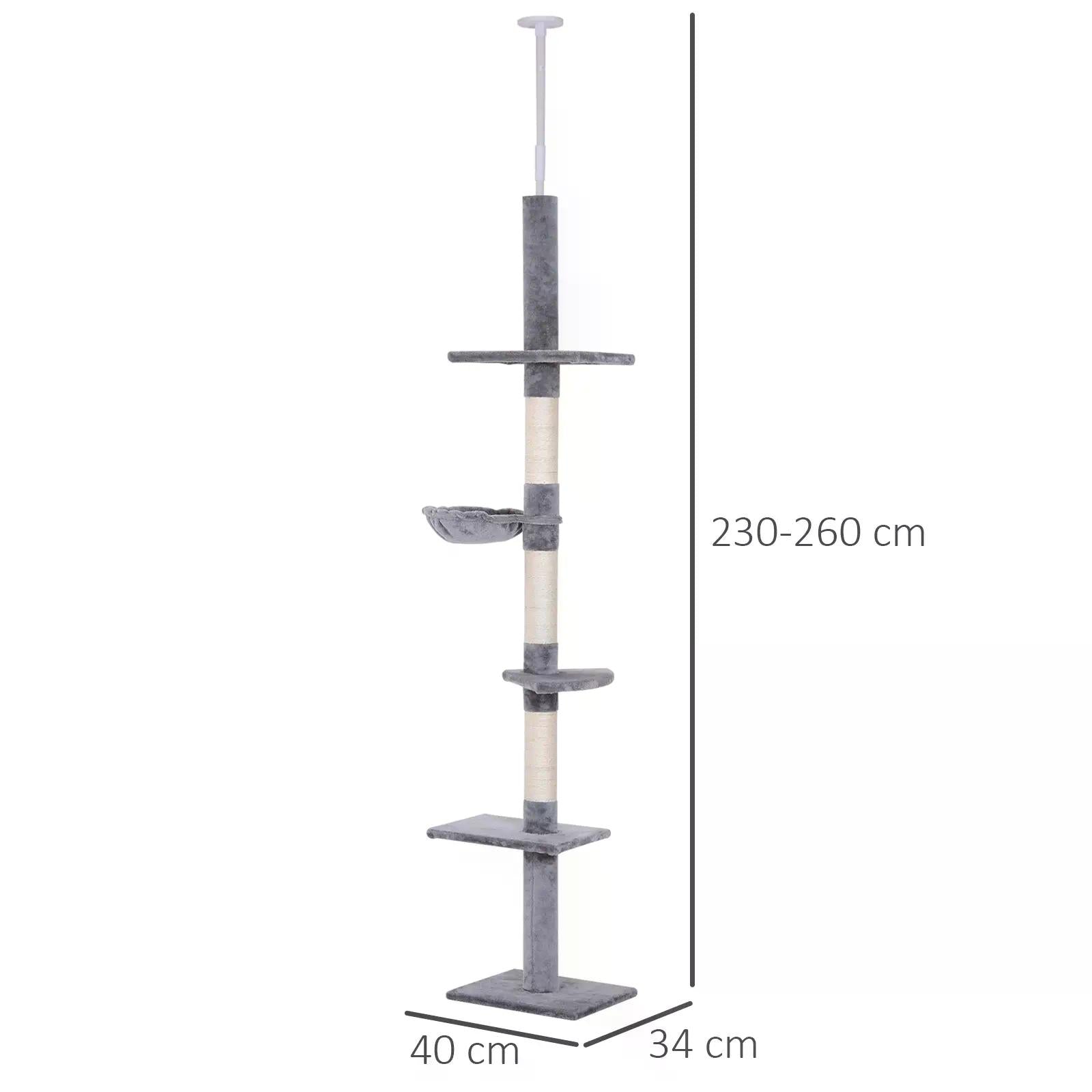 PawHut Floor to Ceiling Cat Tree for Indoor Cats 5-Tier Kitty Tower Climbing Activity Center Scratching Post Adjustable Height 230-260 cm Grey