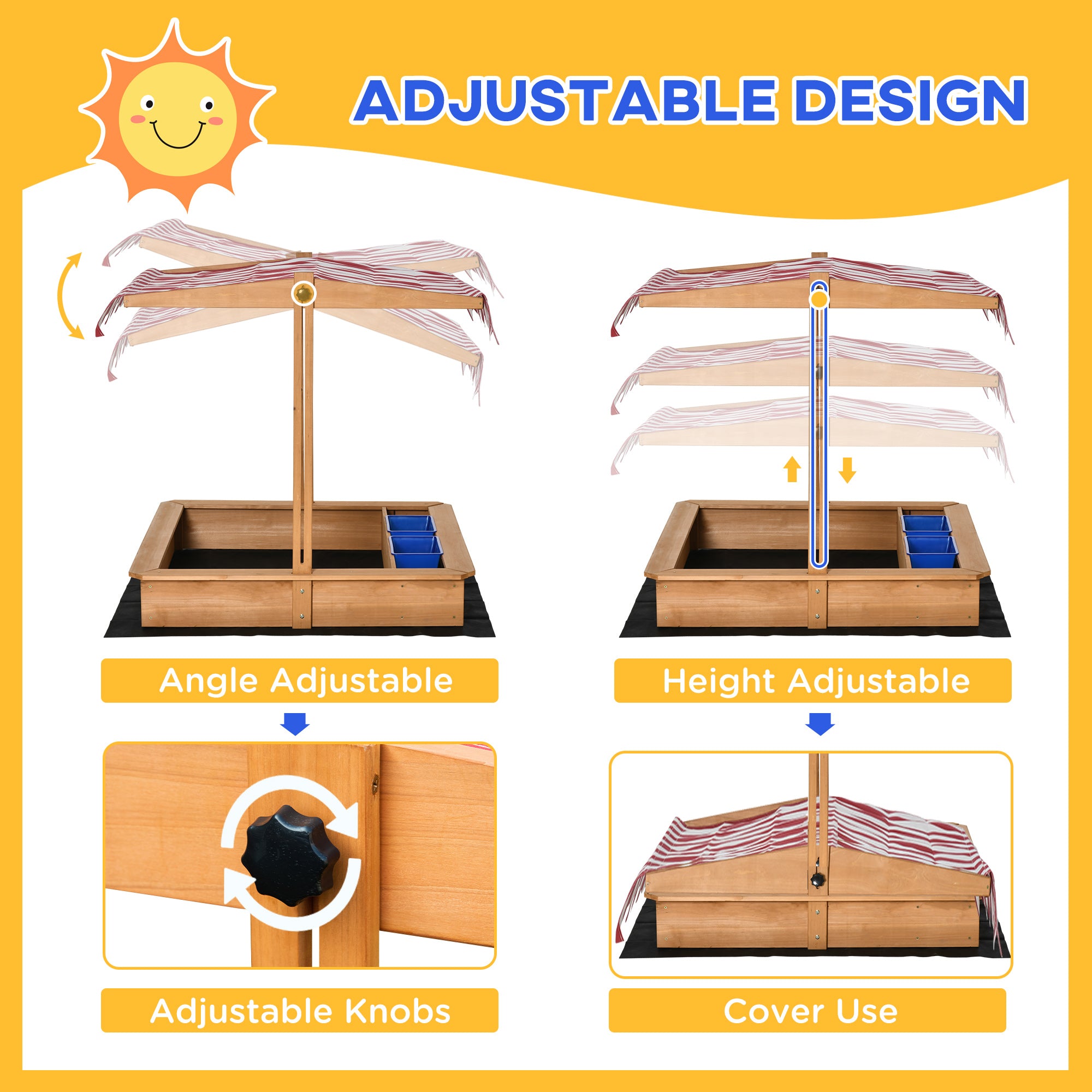 Outsunny Sand Pit Kids Wooden Sandbox with Cover Children Sandpit Play Station Height Adjustable with Canopy, Bottom Liner, Plastic Basins for Outdoor Aged 3-7 Years