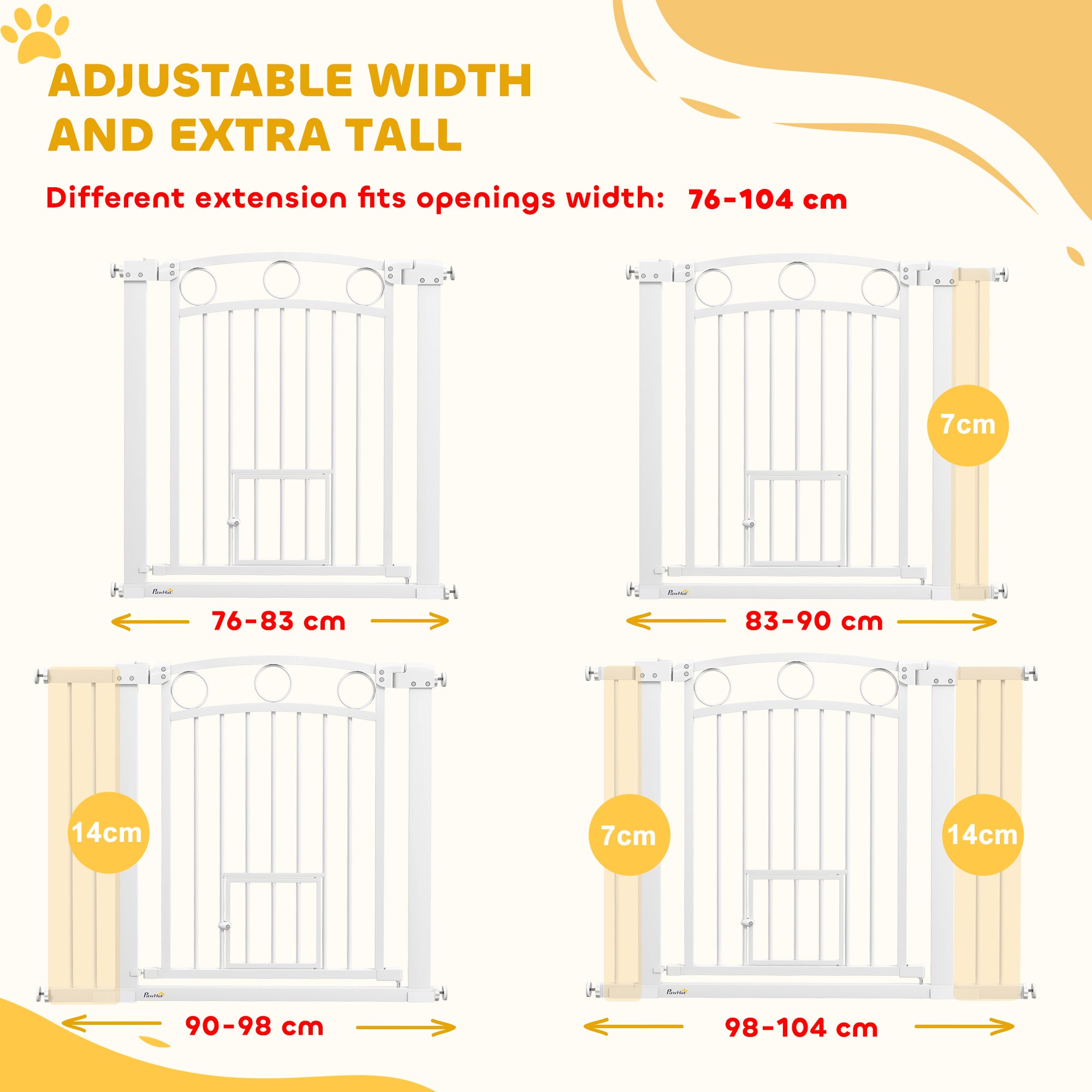 PawHut 77cm Tall Dog Gate with Cat Door, 7cm and 14cm Extensions, for Stairs, Doorways, 76-104cm Width - North Peak Garden Furniture