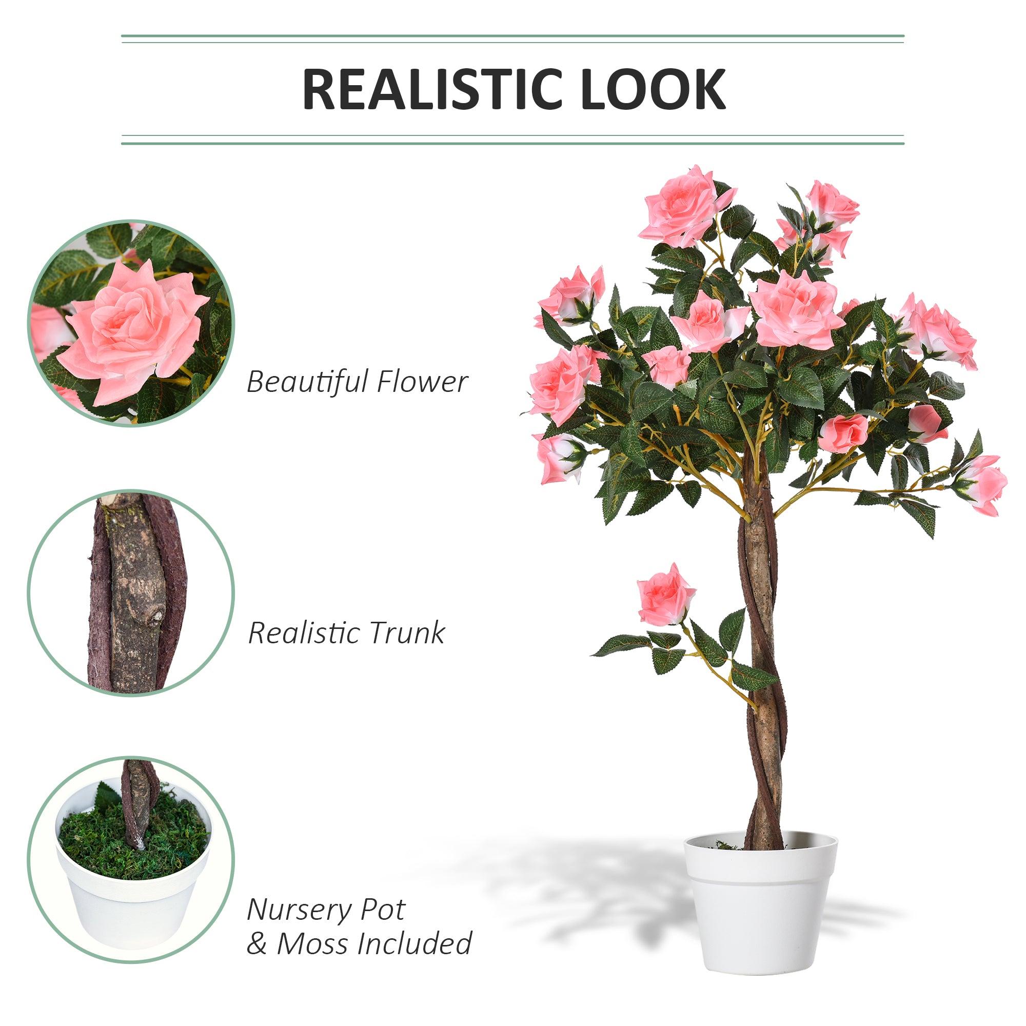 Outsunny Set of 2 Artificial Plants Pink Rose Floral in Pot, Fake Plants for Home Indoor Outdoor Decor, 90cm