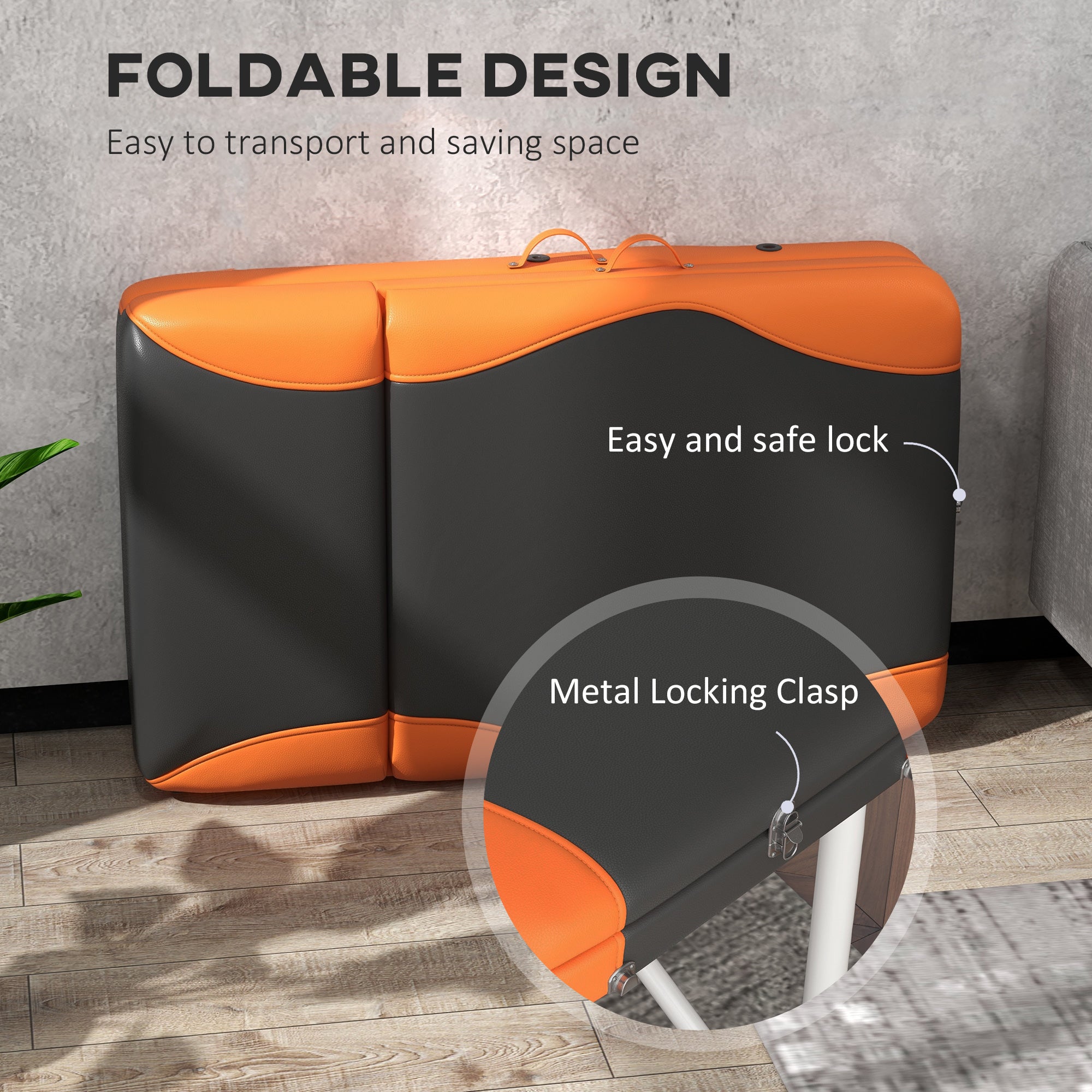 HOMCOM Foldable Massage Bed Portable Table, 3-Section Aluminium Foldable Beauty Couch, Professional Salon Spa Table with Headrest Support, 60 cm Width, Black and Orange