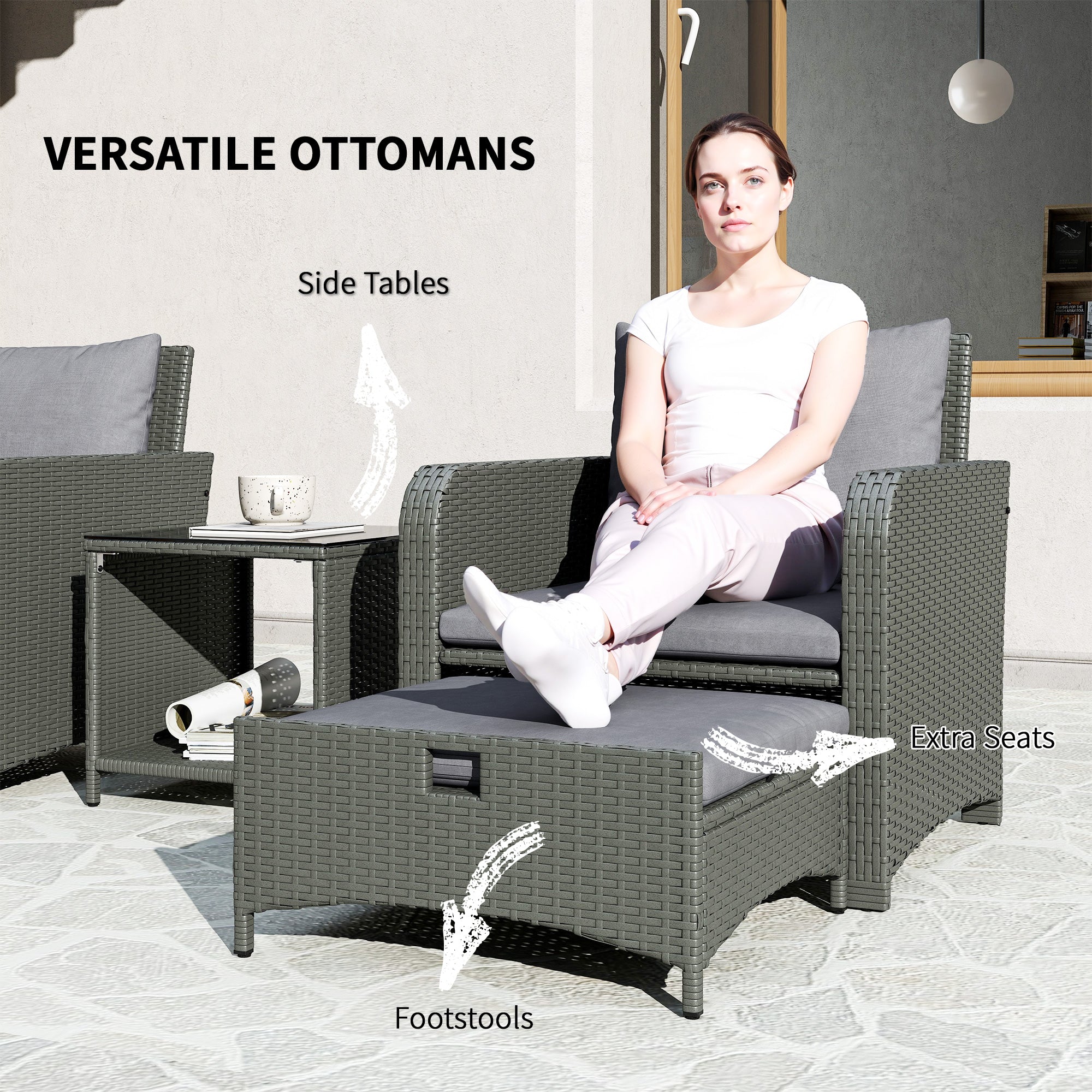 Outsunny Five Piece Rattan Garden Furniture Set with 2-Tier Coffee Table and Ottomans - Grey - North Peak Garden Furniture
