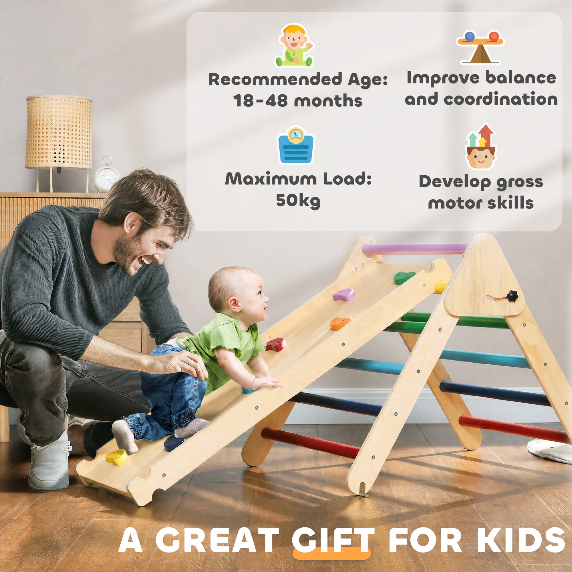 AIYAPLAY Toddler Climbing Frame for Kids with Ramp, 3 in 1 Wooden Pikler Triangle Set for 18-48 Months, Multicolour