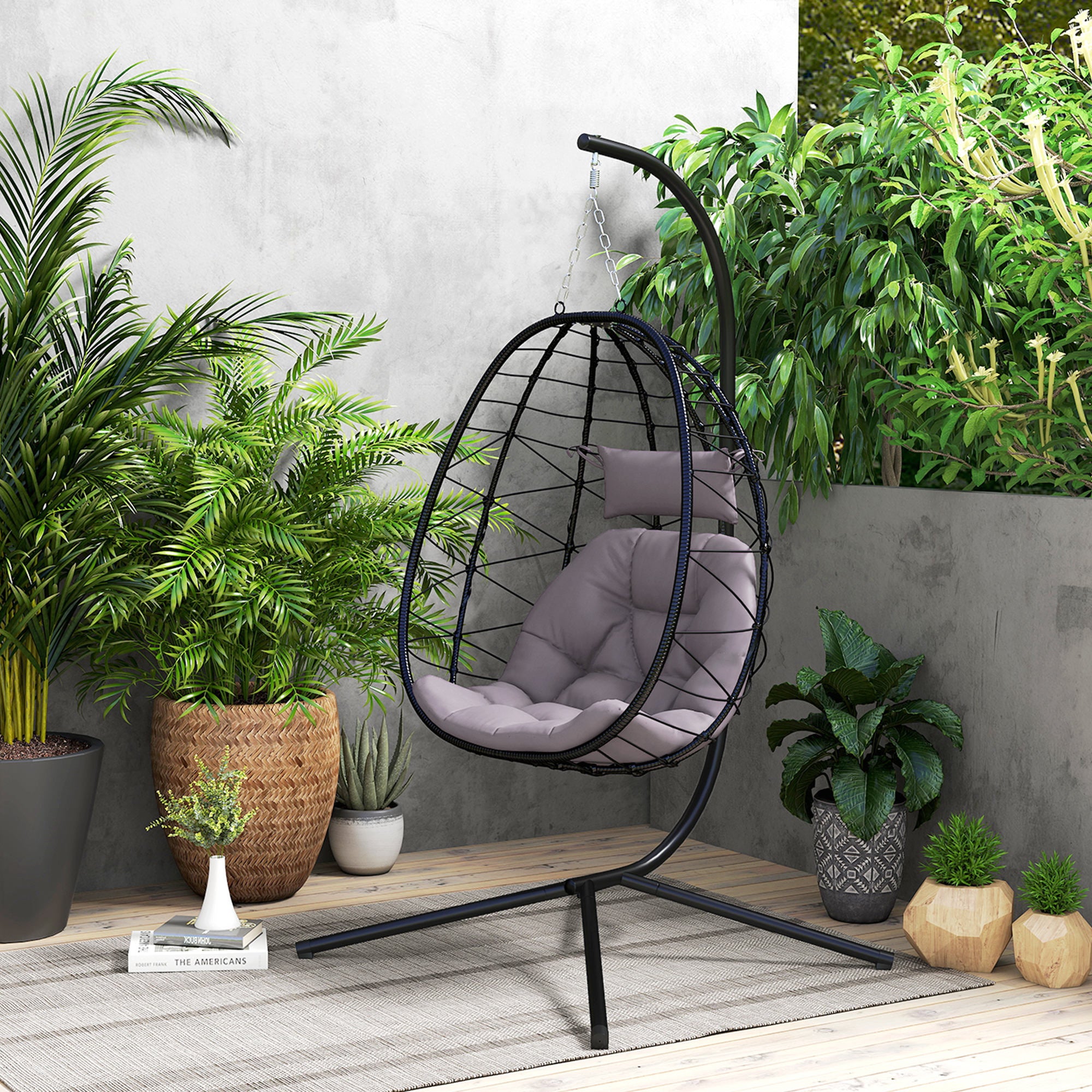 Outsunny Hanging Egg Chair Outdoor Indoor Garden Swing Chair with Folding Basket, Thickened Cushion, Garden Hanging Chair with Stand, Headrest for Patio, Balcony, Grey - North Peak Garden Furniture