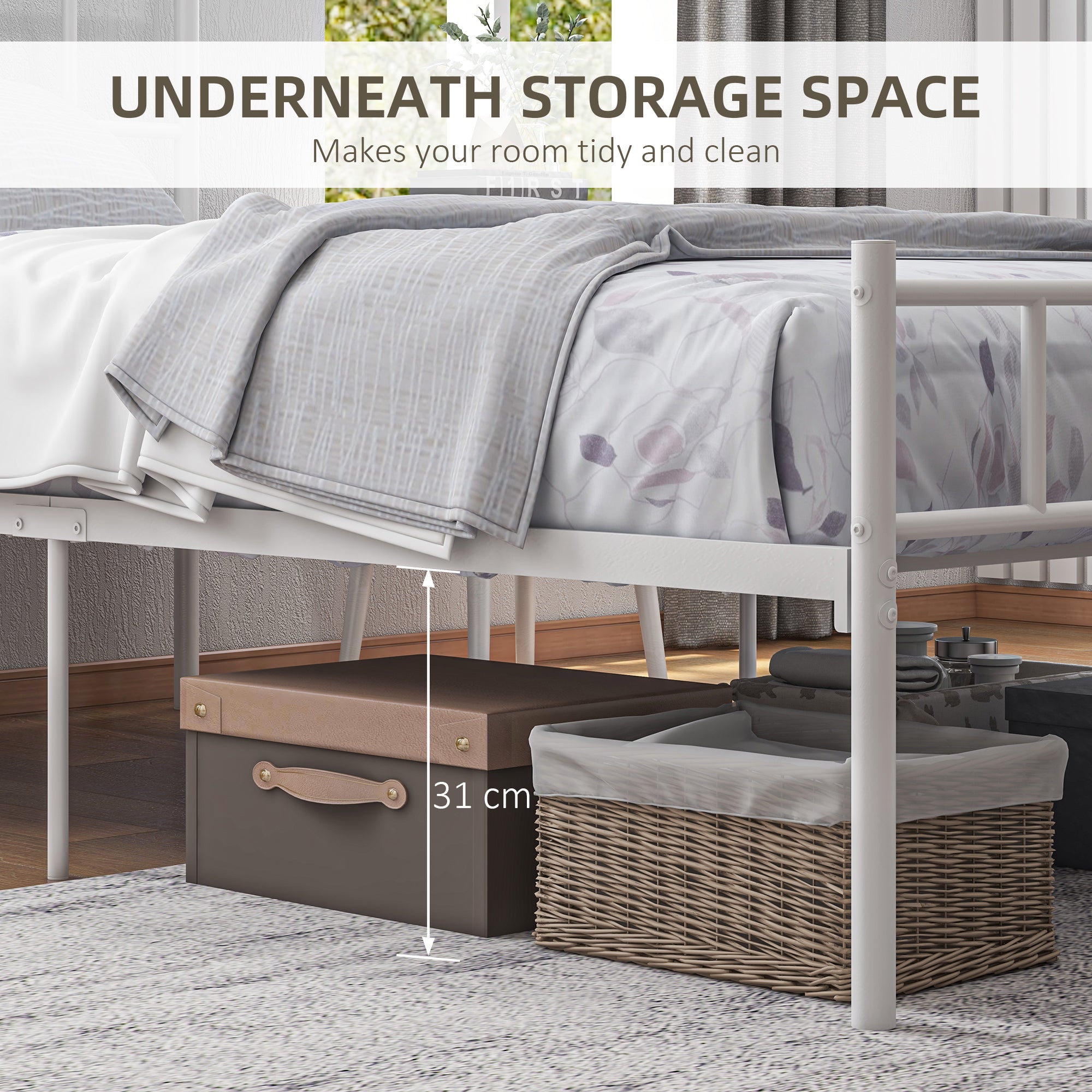 HOMCOM Single Bed Frame, Metal Bed Base with Headboard and Footboard, Metal Slat Support and 31cm Underbed Storage Space - North Peak Garden Furniture