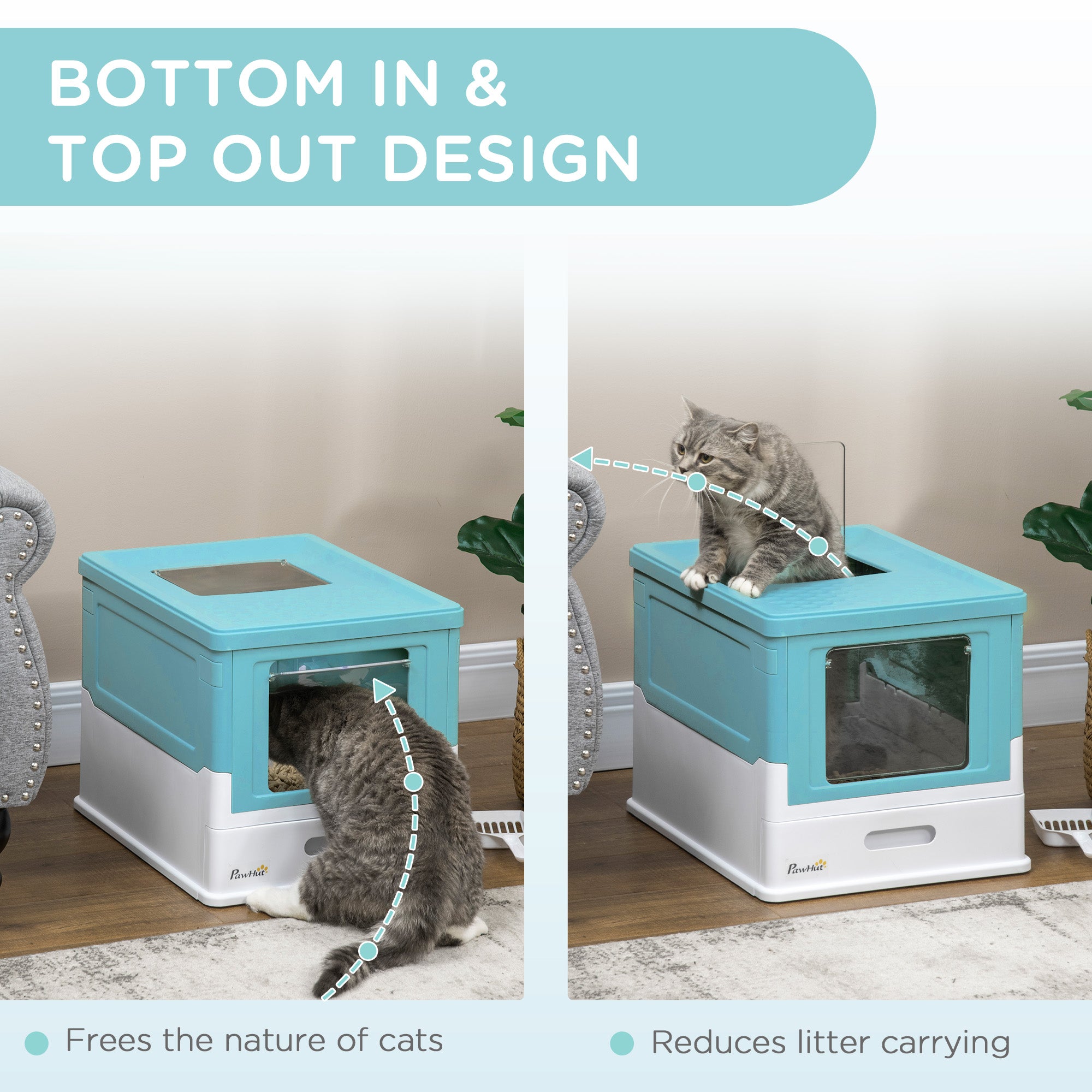 PawHut Hooded Cat Litter Box, Portable Pet Toilet, with Scoop, Front Entry - Light Blue - North Peak Garden Furniture